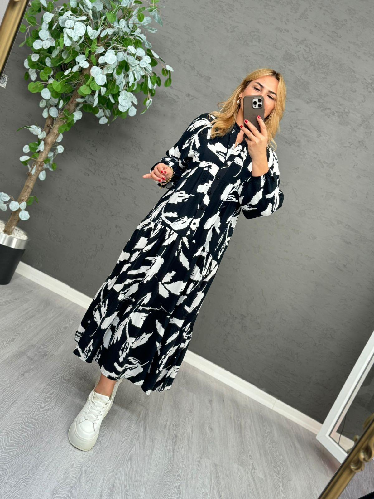 5454 Siyah Desenli Hakim Yaka Maxi Elbise