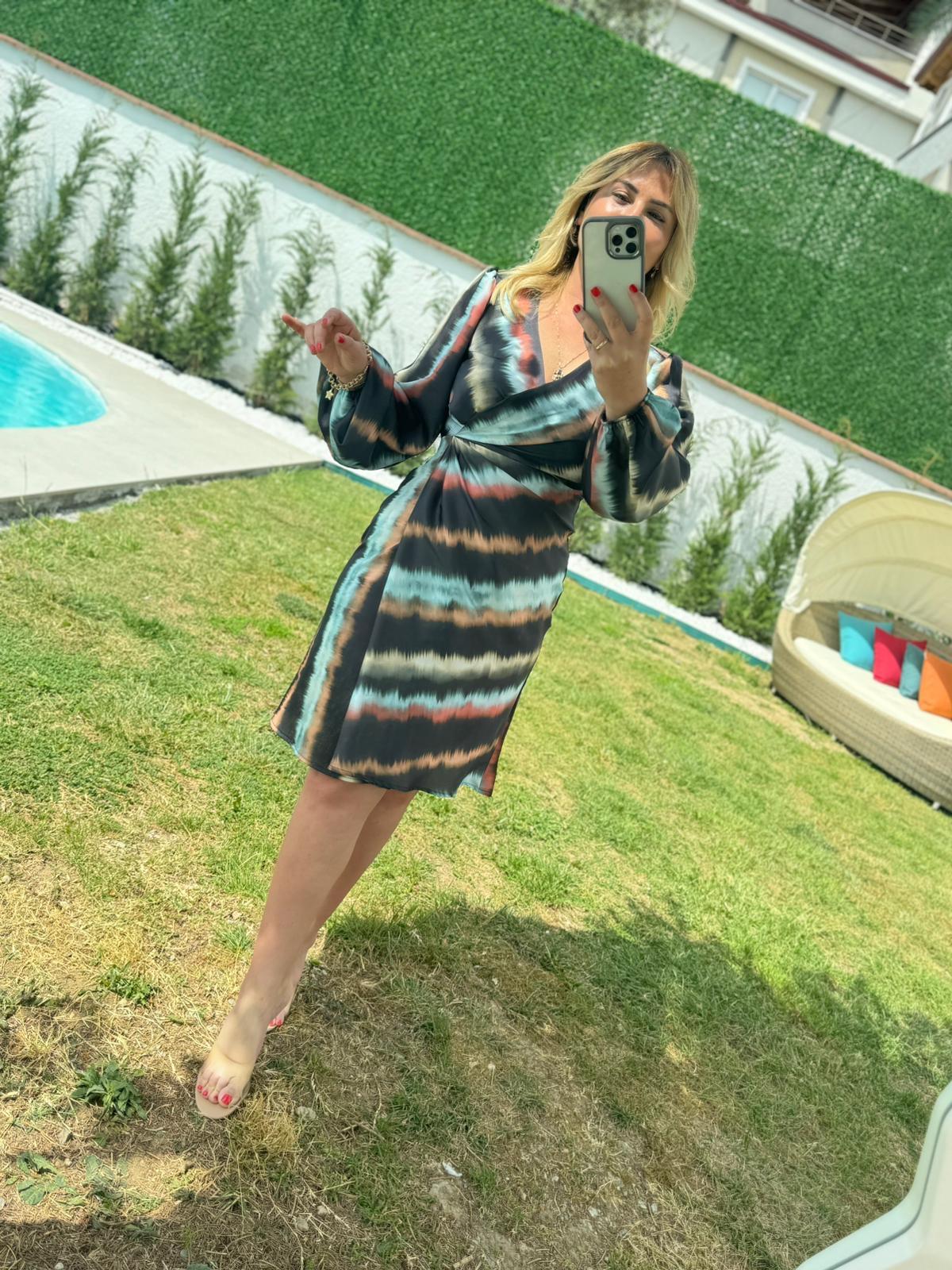 6016 Desenli Kruvaze Saten Elbise