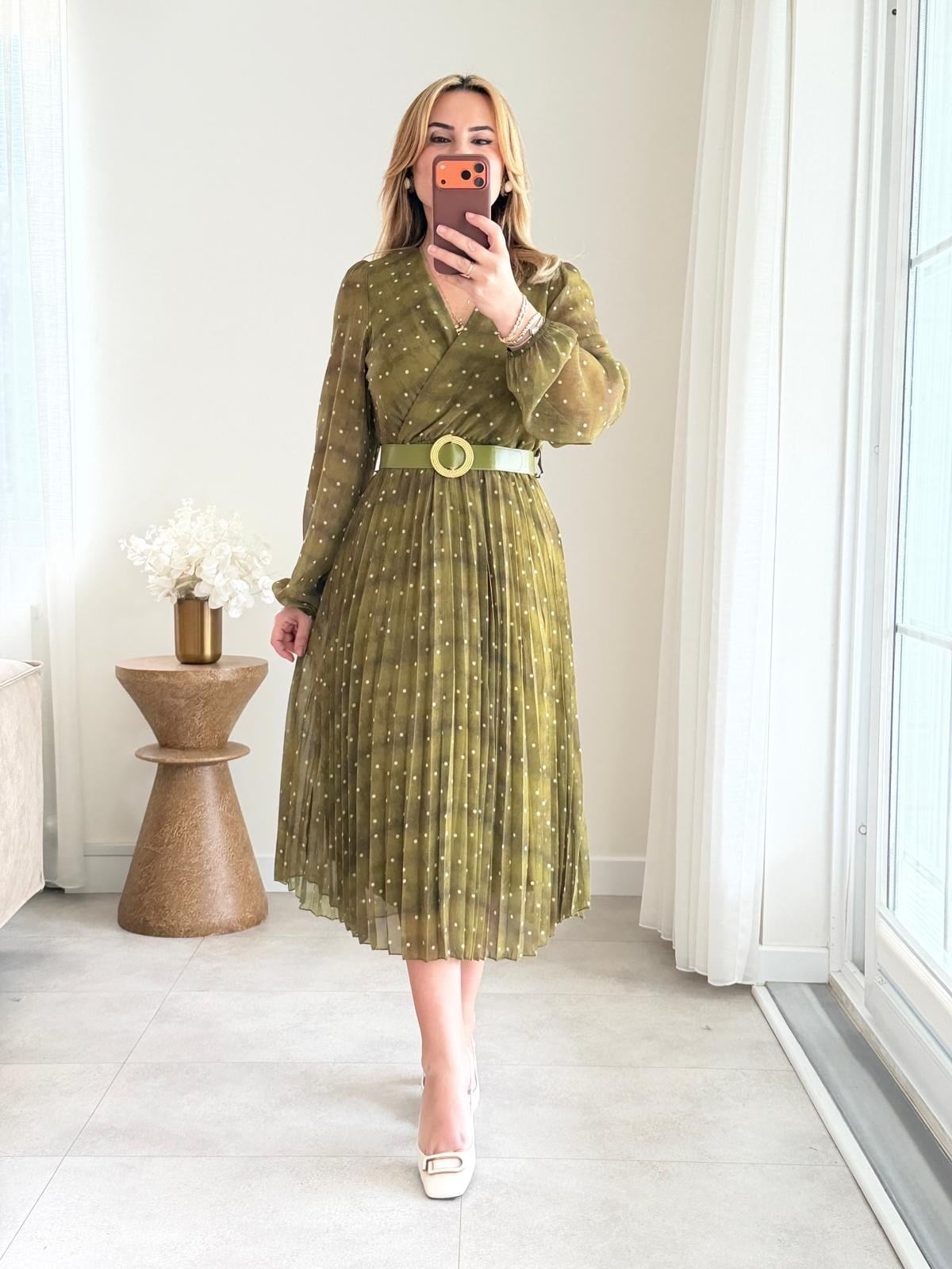 9089 Olive Puantiye Kemerli Şifon Elbise