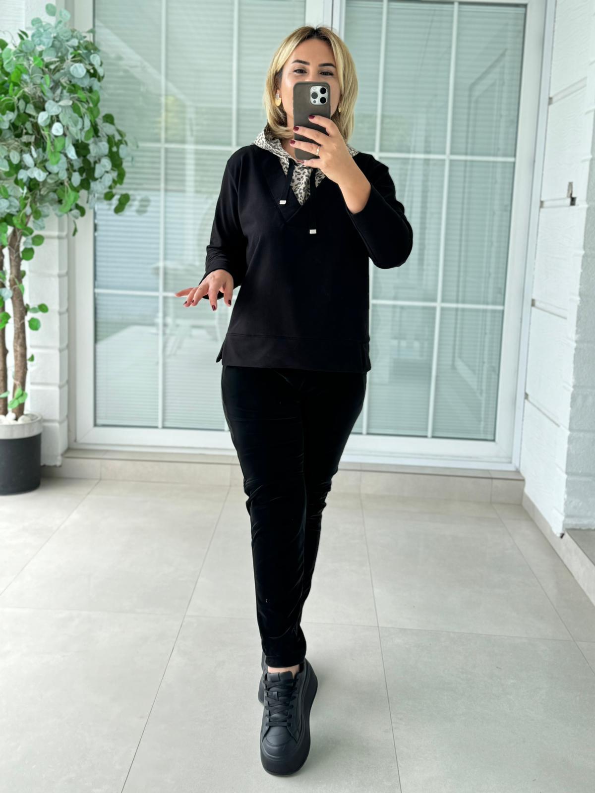 6937 Leopar Detay Kapişonlu Siyah Sweat