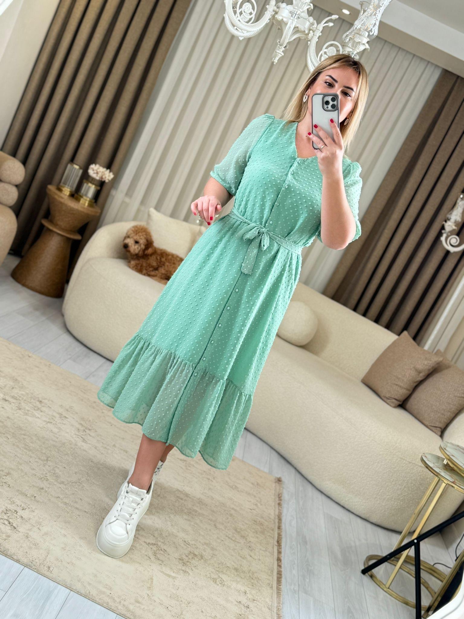 5804 Mint Astarlı Kuşaklı Elbise