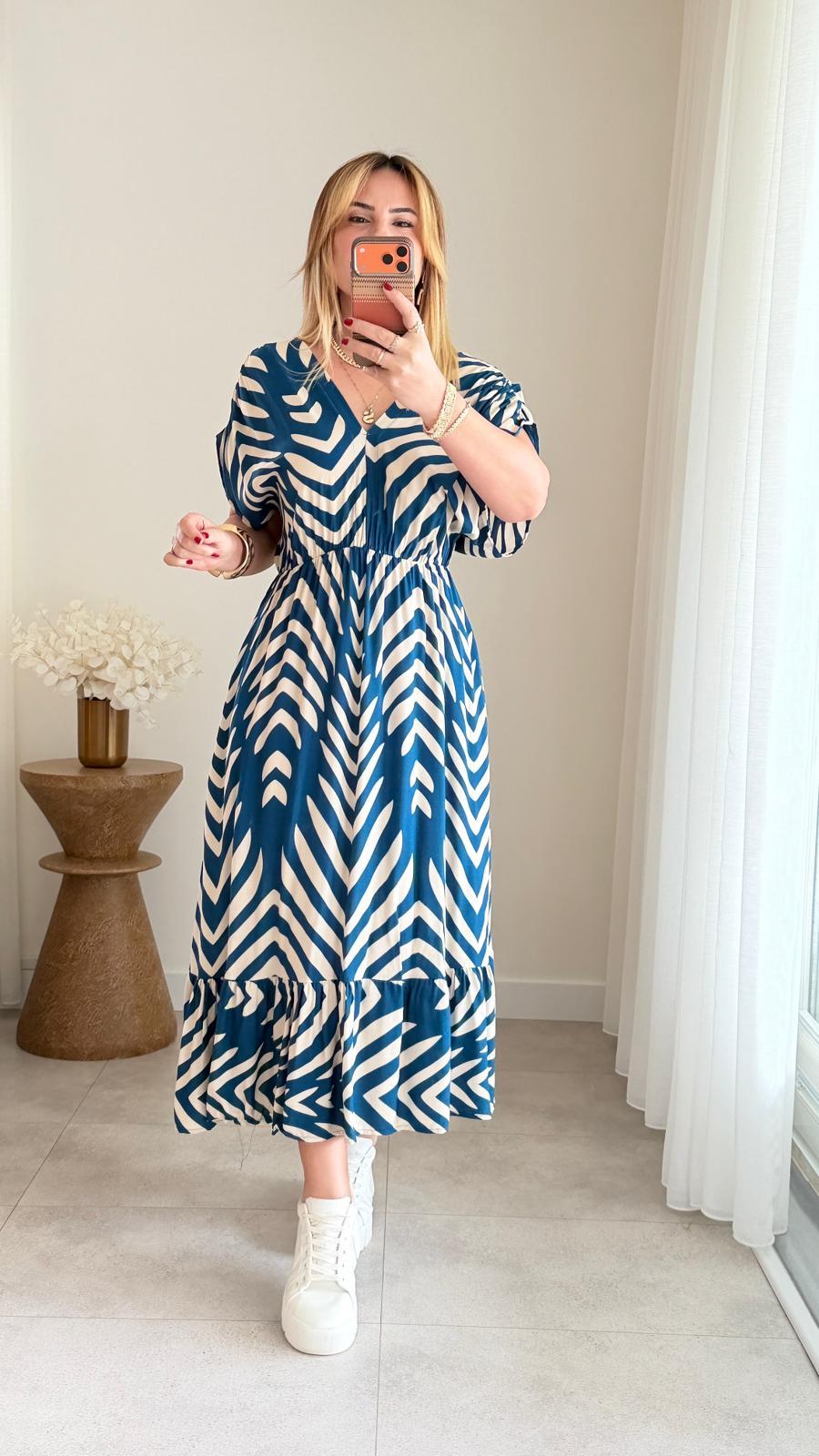 8933 Petrol Krem Desen v Yaka Bel Lastikli Elbise