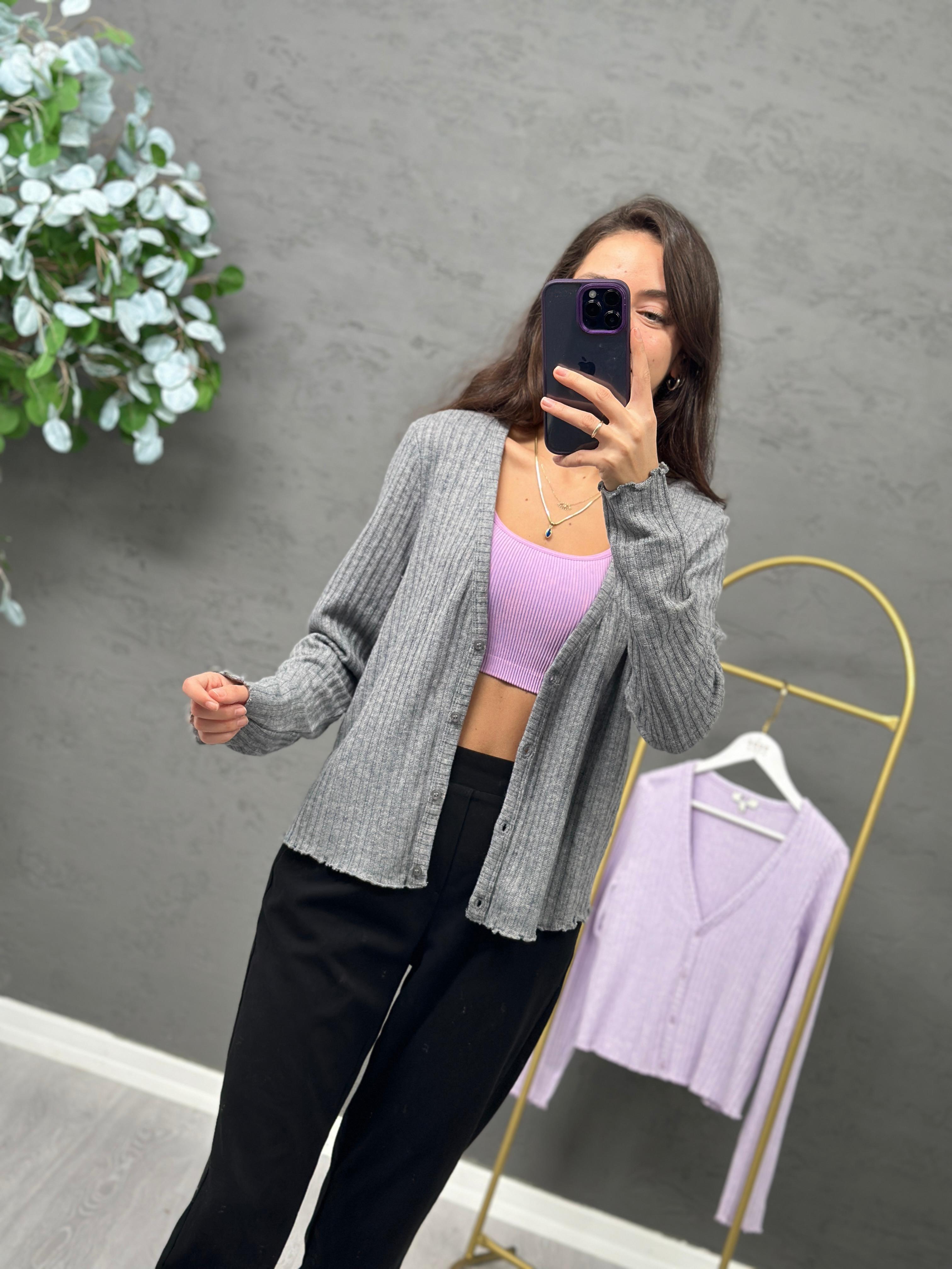 3393 Gri V Yaka Düğmeli Hırka