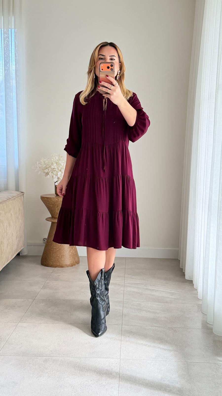 8914 Bordo Bel ve Yaka Bağlama Elbise