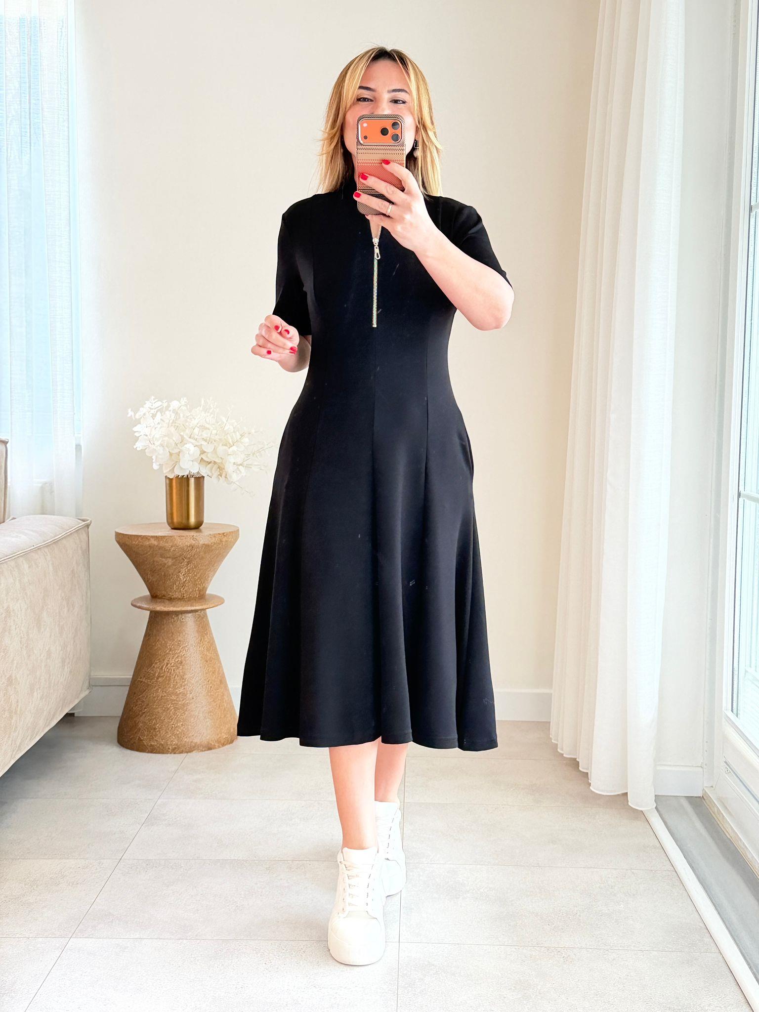 8960 Fermuar Detaylı Siyah Elbise