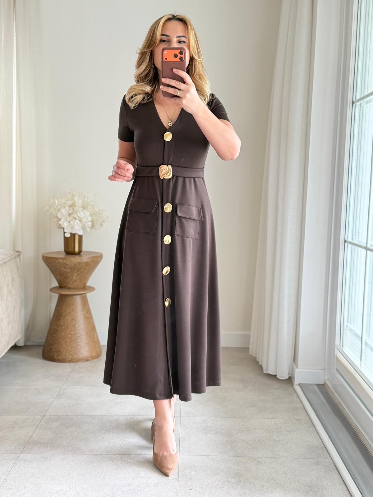 9057 Kahve Gold Aksesuar Cepli Elbise