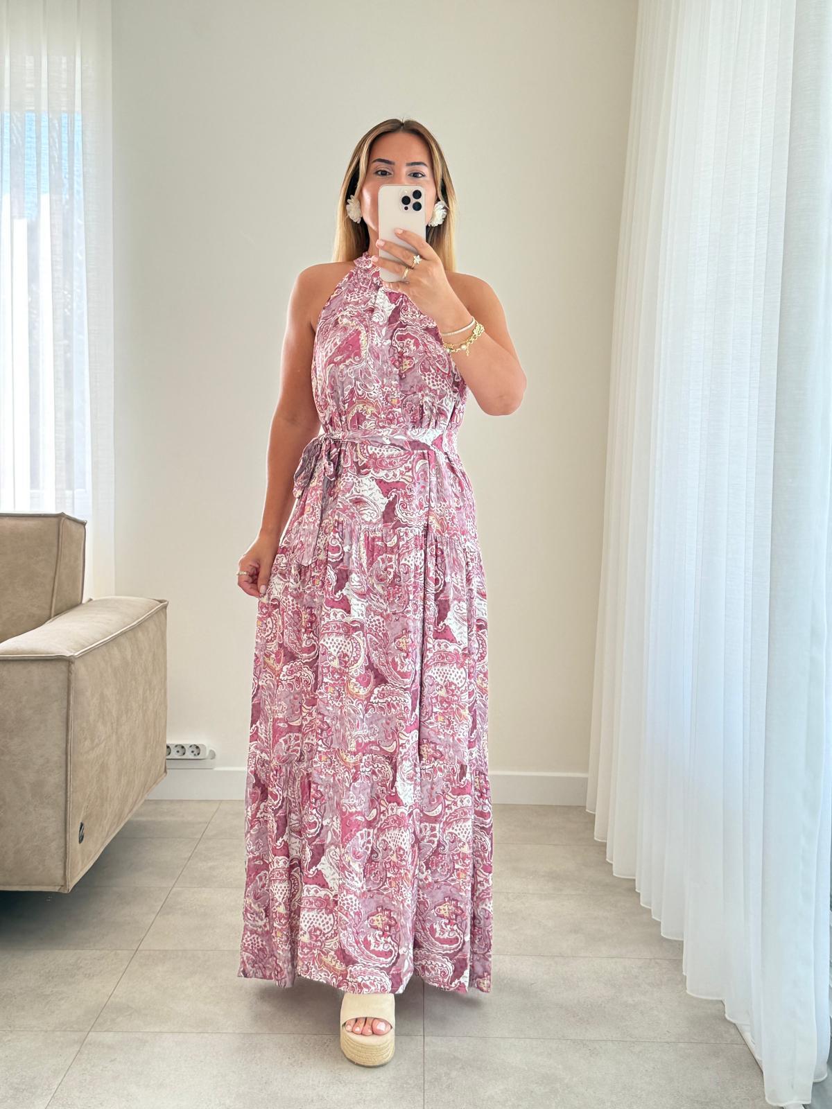 8282 Pembe Kat Kat Maxi Elbise