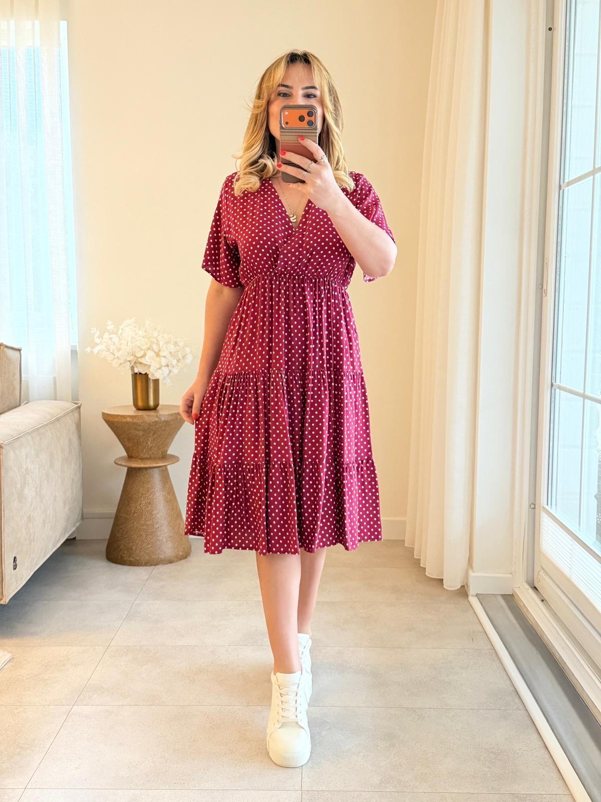 8953 Gül Kurusu Puantiye Kruvaze Yaka Elbise