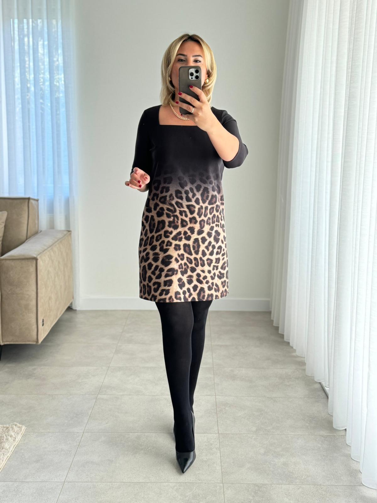 6971 Kare Yaka Leopar Detay Elbise