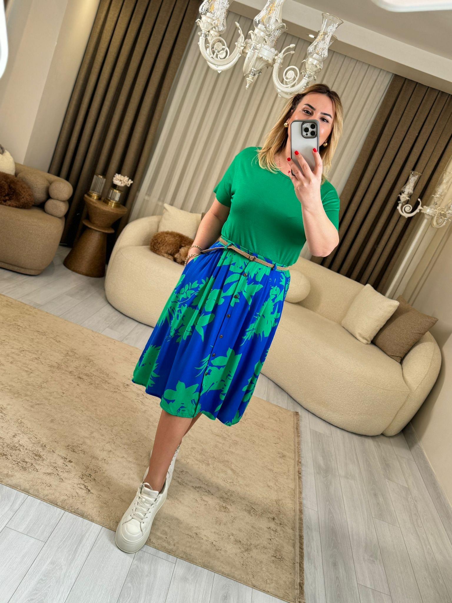 5838 Yeşil Desen Kemerli Etek