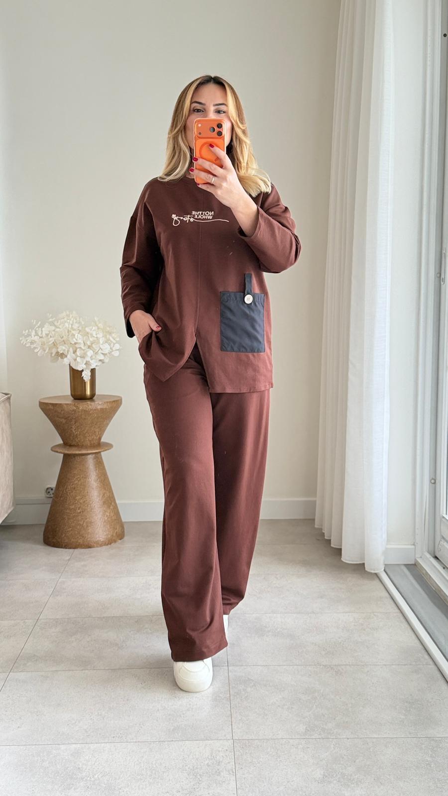 8907 Kahve Paraşüt Cep Detay Eşofman Takımı