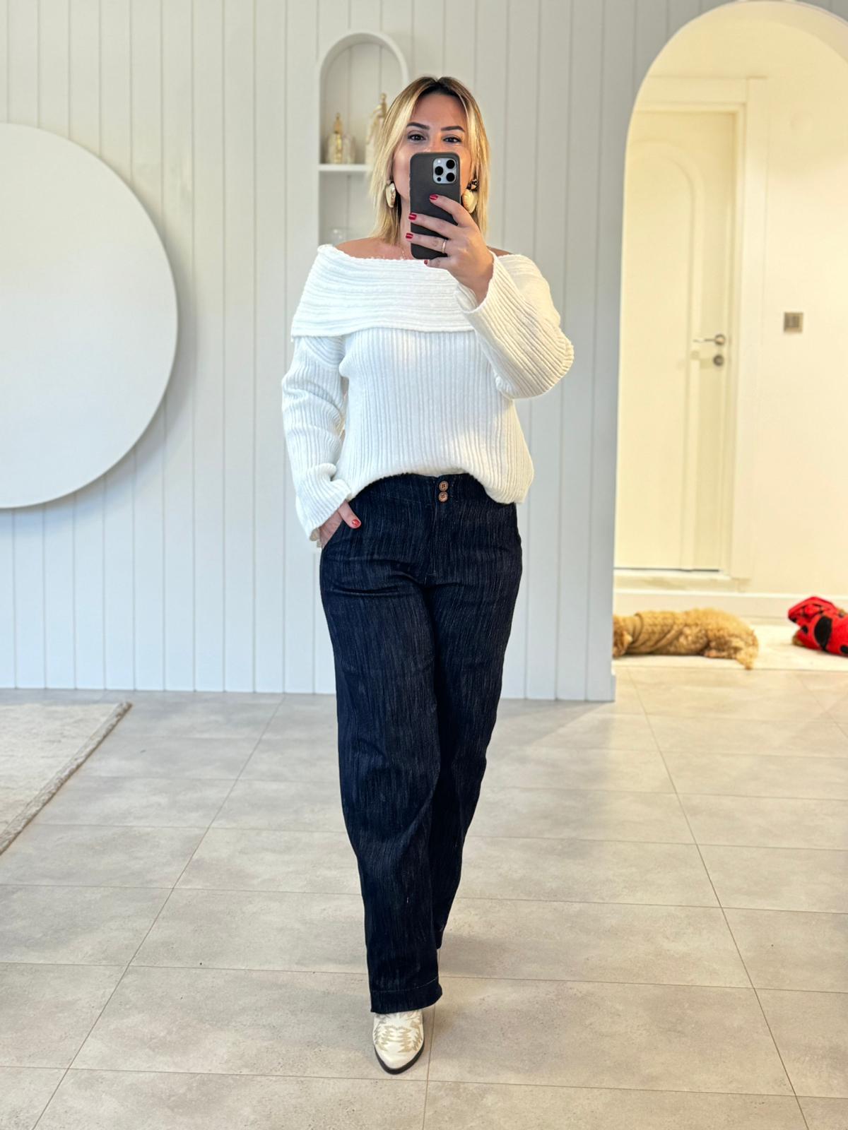 7117 Ekru Kayık Yaka Kazak