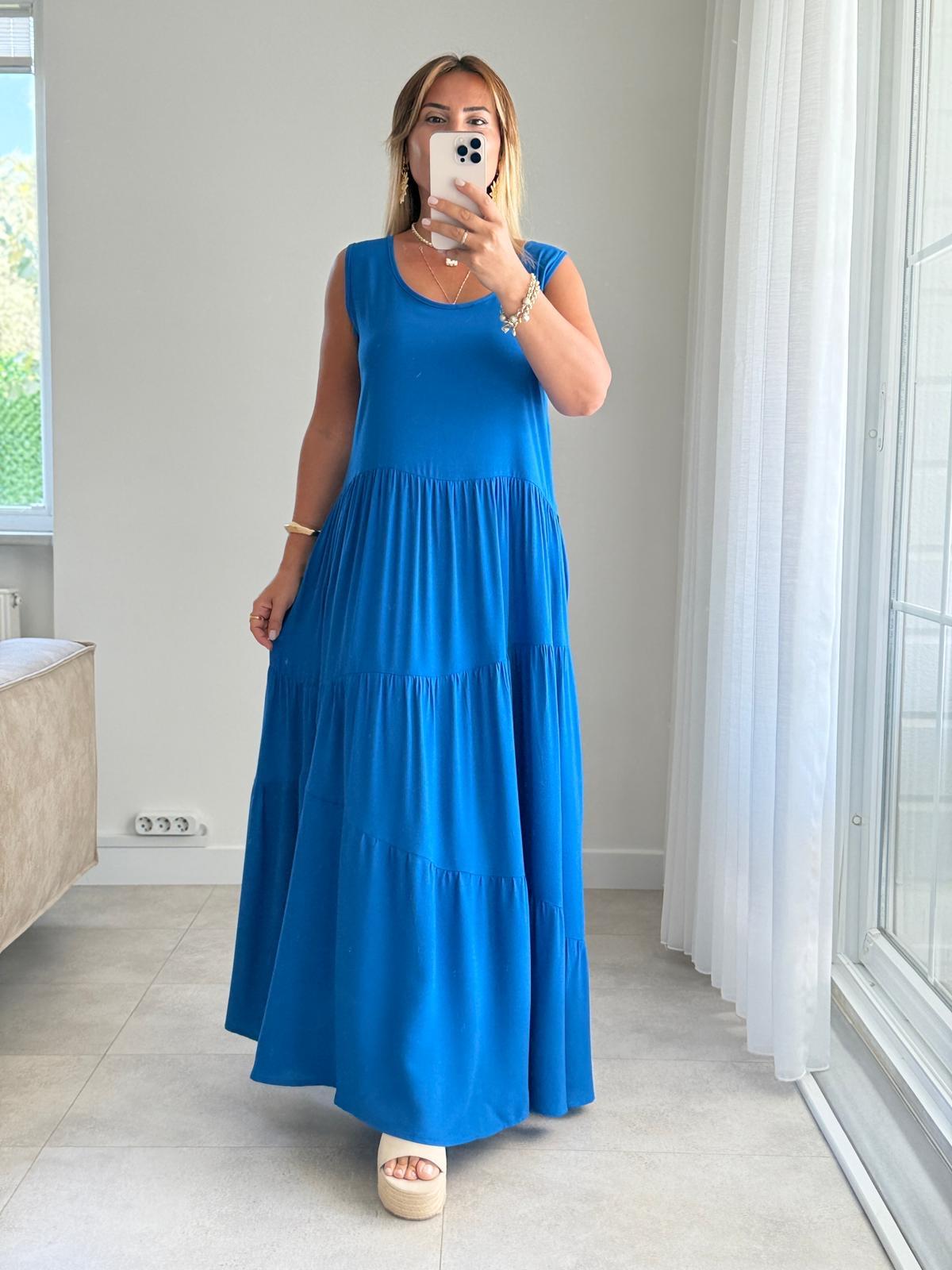 8419 Sax Bisiklet Yaka Katlı Maxi Elbise