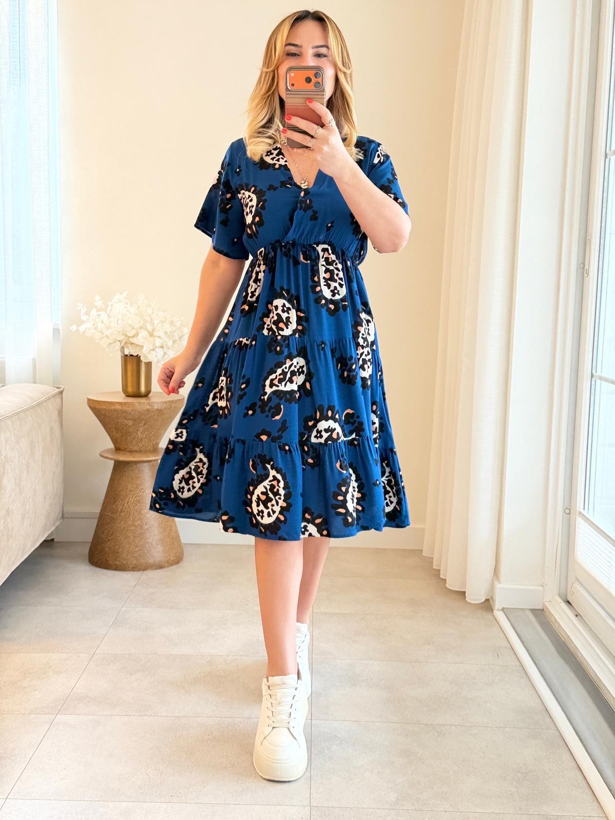 8952 Lacivert Desenli Kruvaze Yaka Elbise