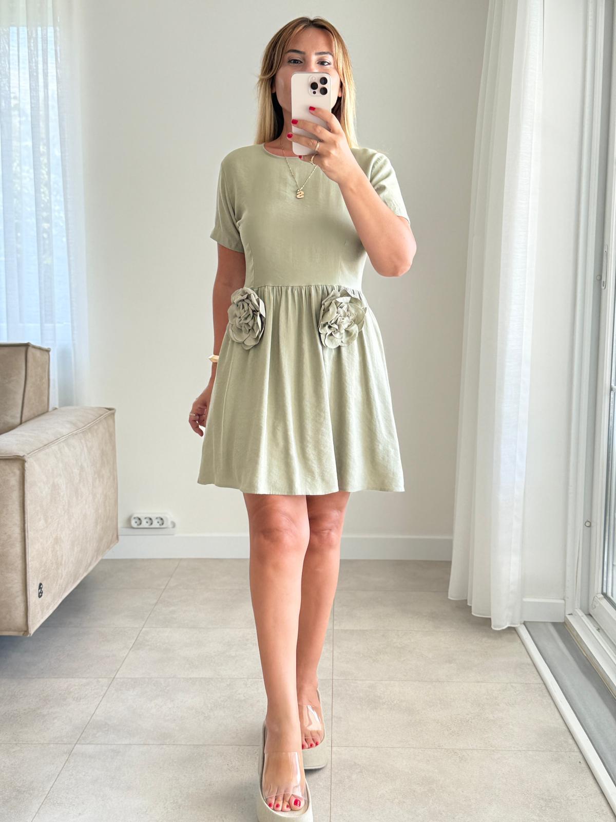 6432 Haki Gül Detay Elbise