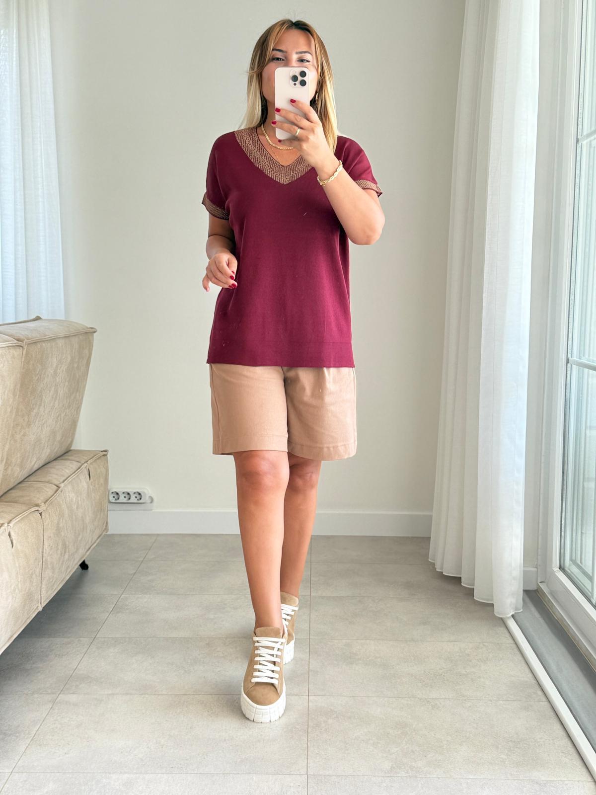 8468 Bordo V Yaka Simli Triko