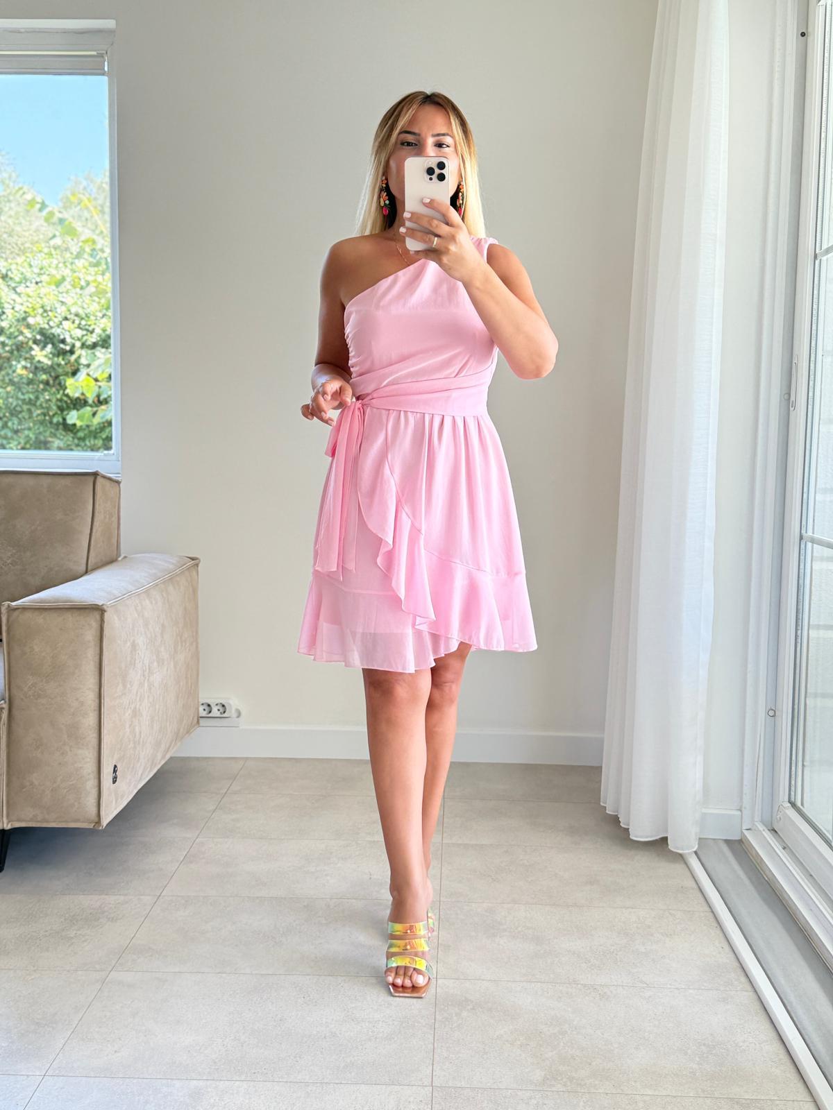 8214 Pembe Tek Omuz Volanlı Elbise