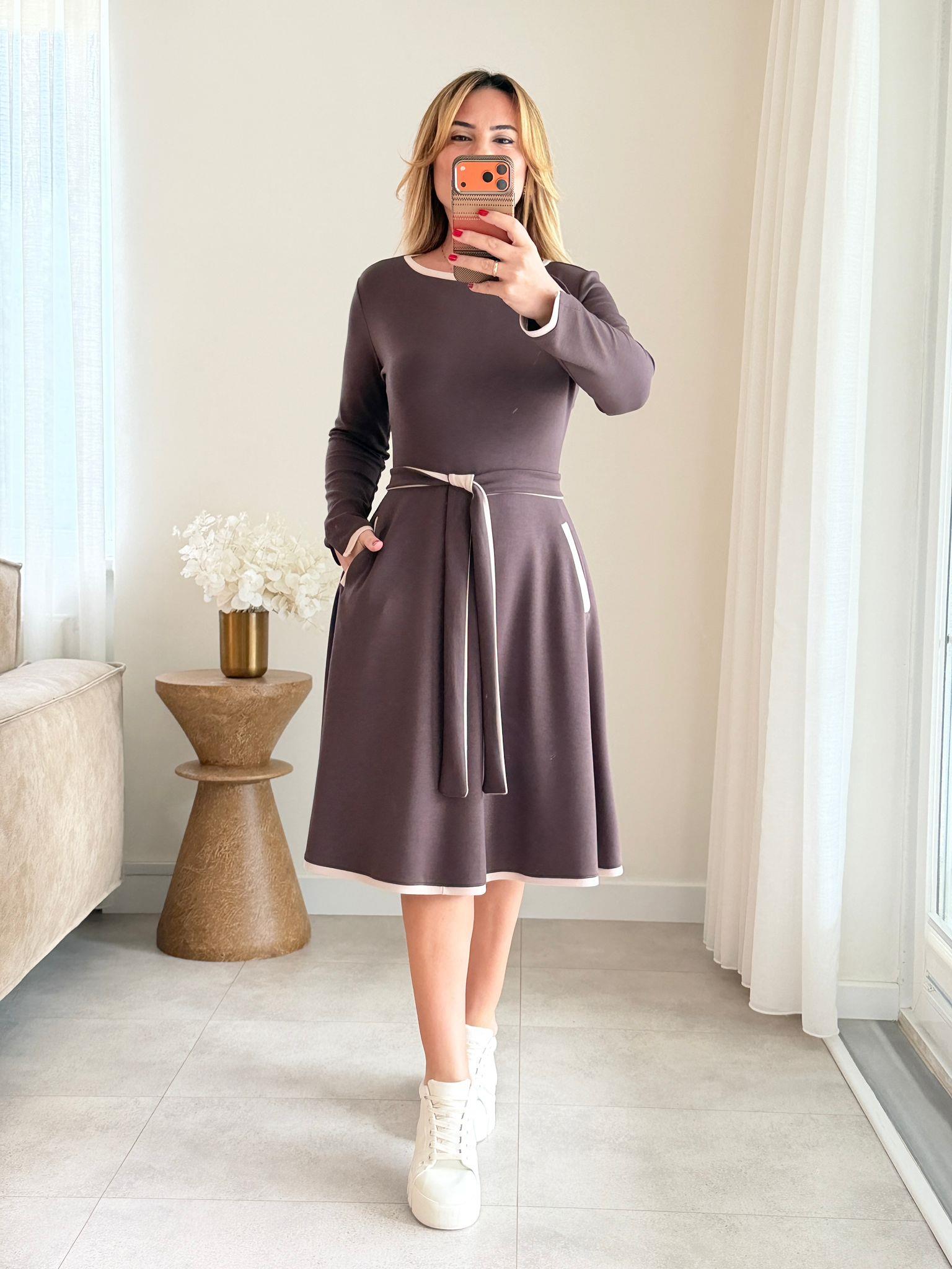 8961 Kahve Kuşaklı Modal Elbise