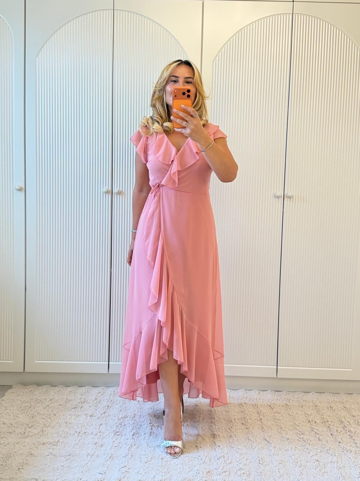 9419 Pembe Premium Kruvaze Volanlı Sifon Elbise