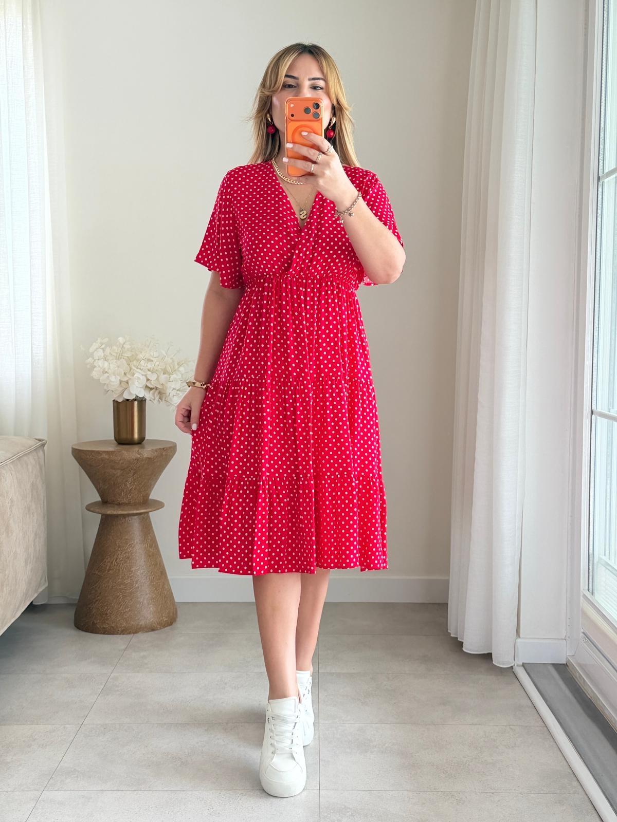 8984 Kırmızı Puantiye Kruvaze Yaka Elbise