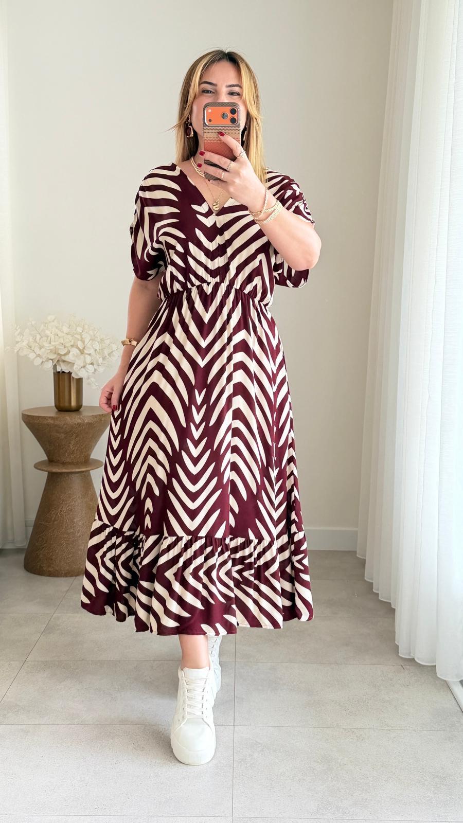 8932 Bordo Krem Desen v Yaka Bel Lastikli Elbise