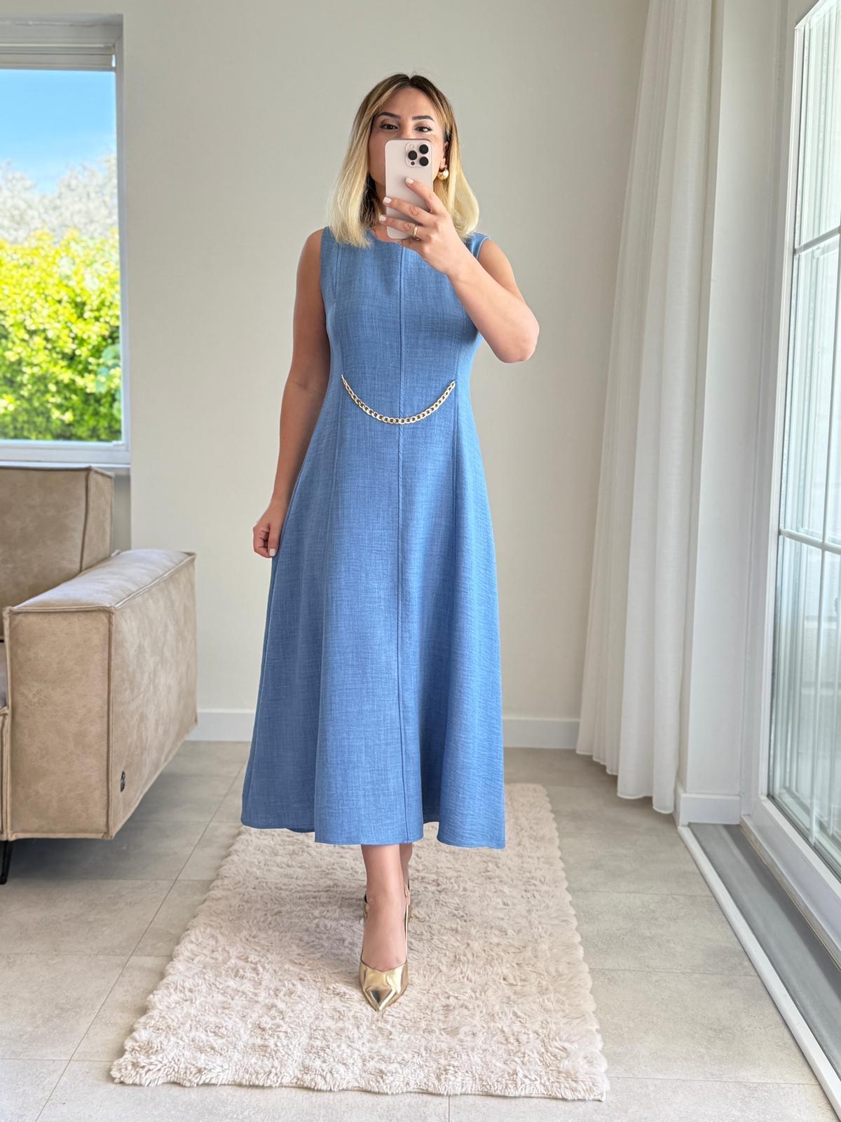 7859 Zincir Detaylı İndigo Elbise