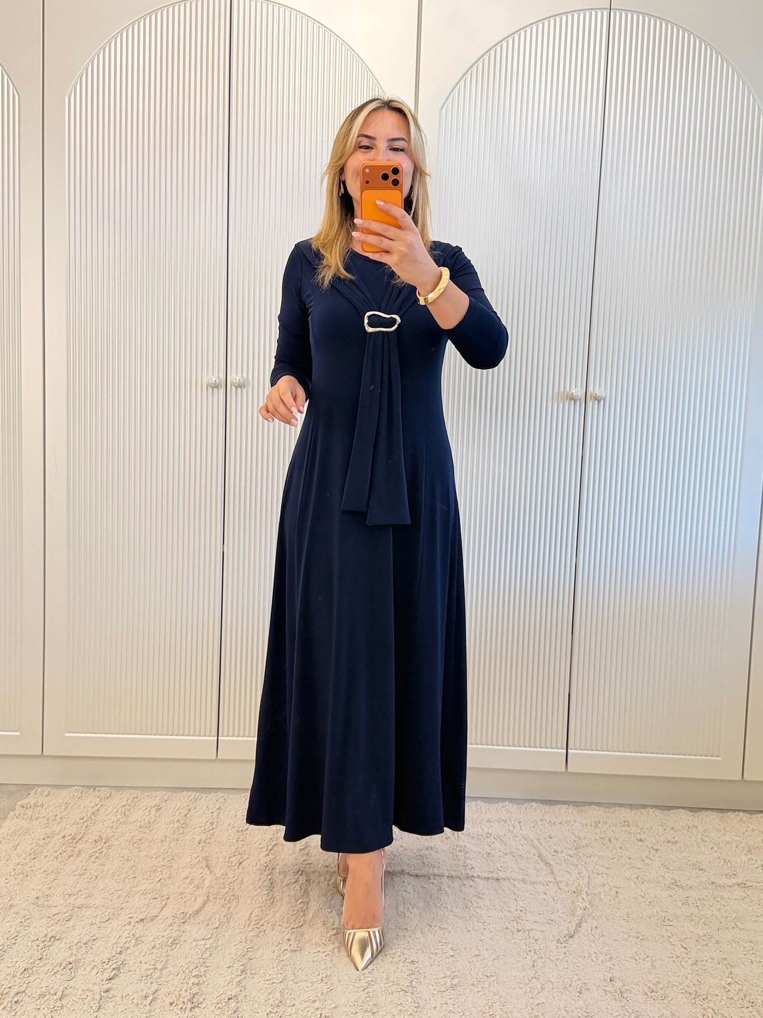 9840 Lacivert Kendinden Fularlı Elbise