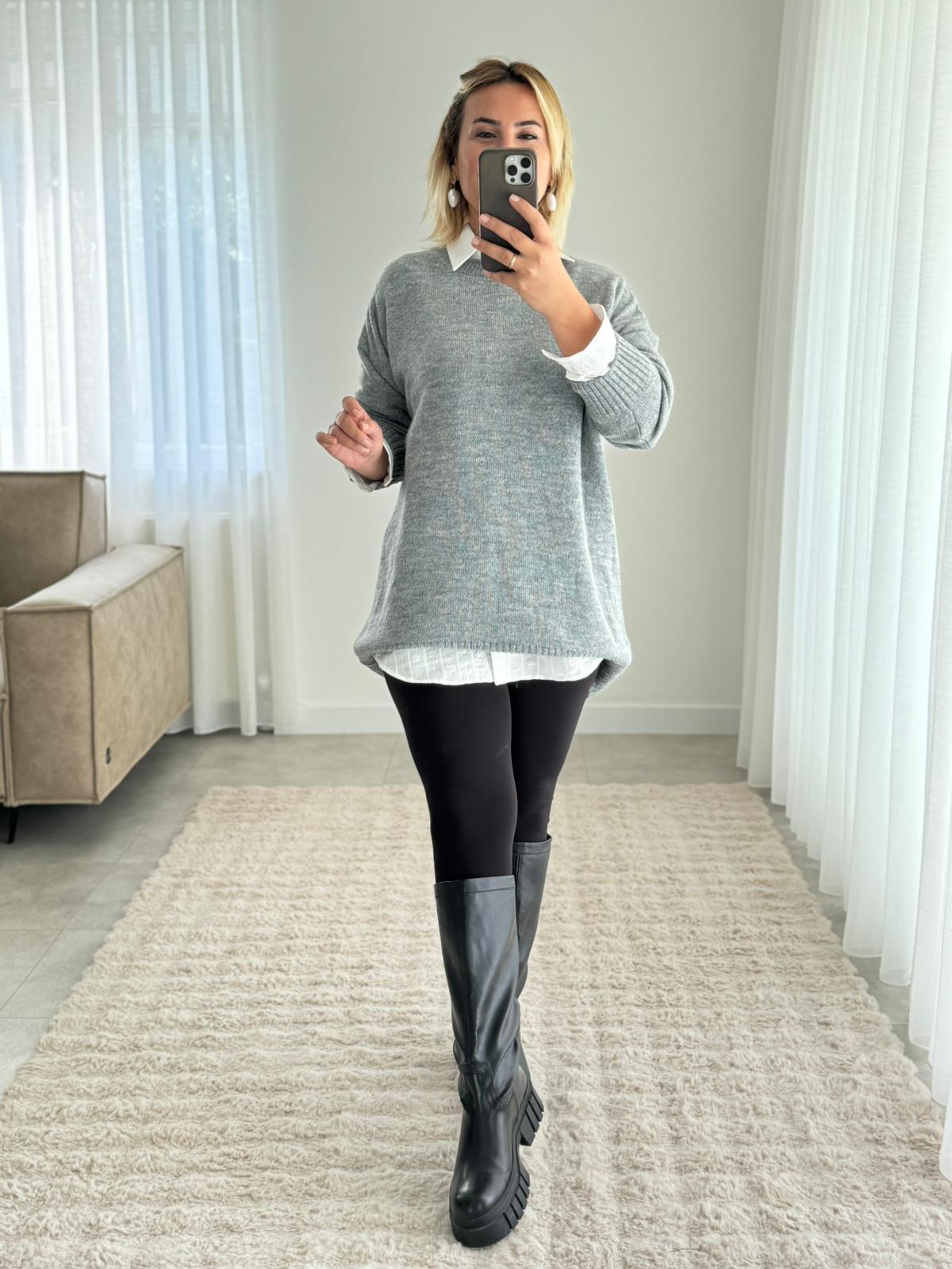 6884 Gri Oversize Bisiklet Yaka  Triko