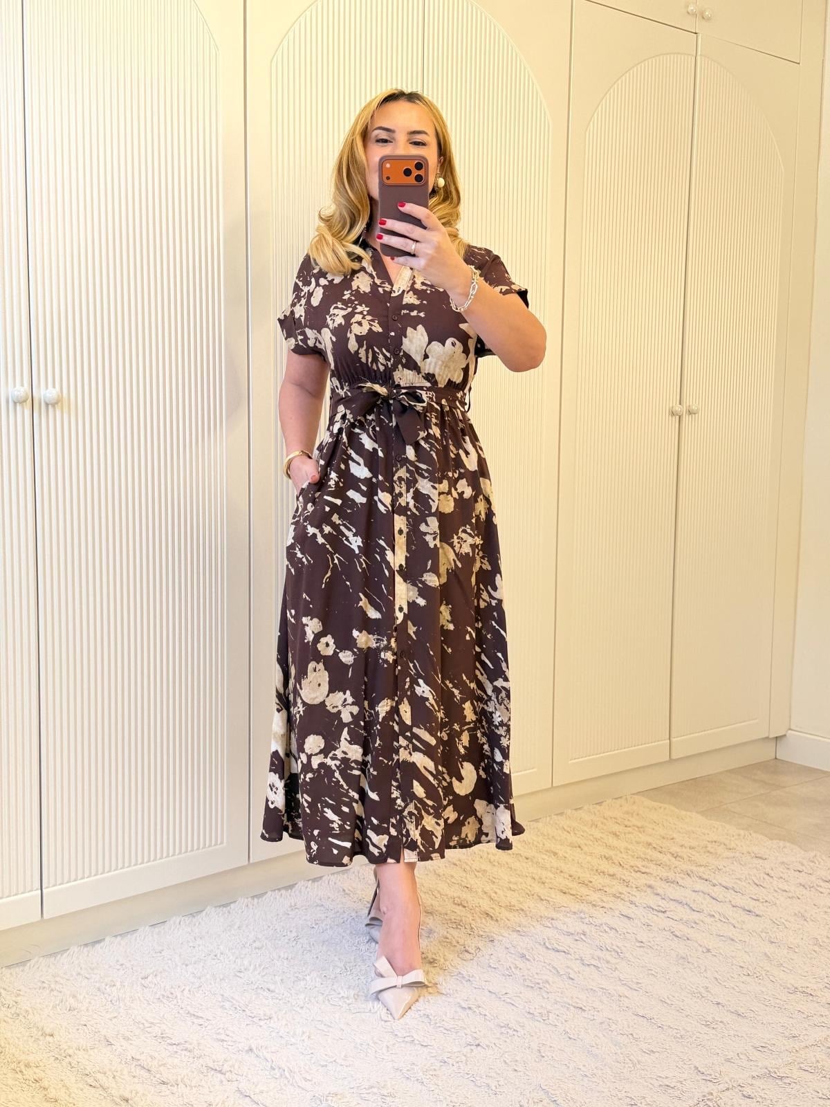 9291 Kahve Gömlek Yaka Kuşaklı Elbise