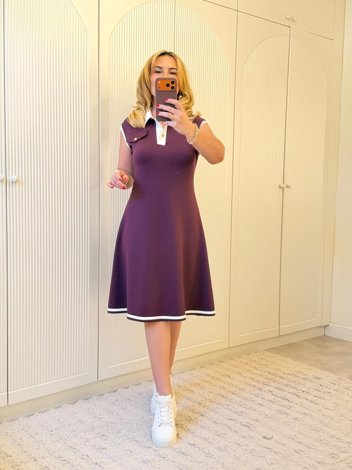 9288 Kolsuz Şerit Detay Bordo Elbise