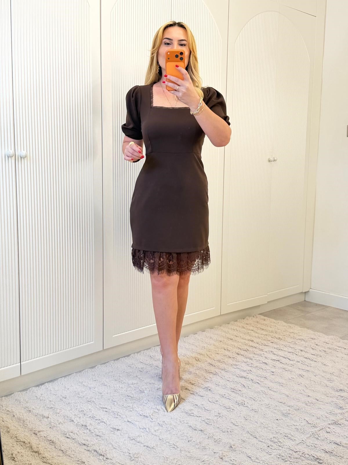 9271 Kahve Kare Yaka Dantel Detay Premium Elbise