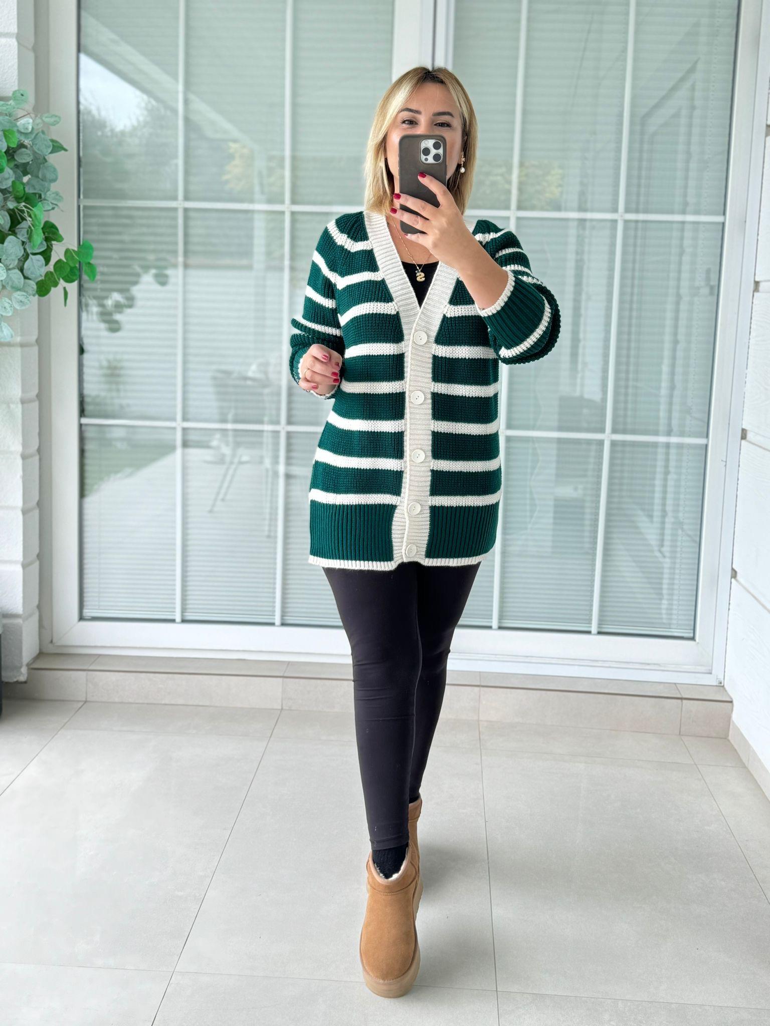 6994 V Yaka Çizgili Zümrüt Triko Hırka