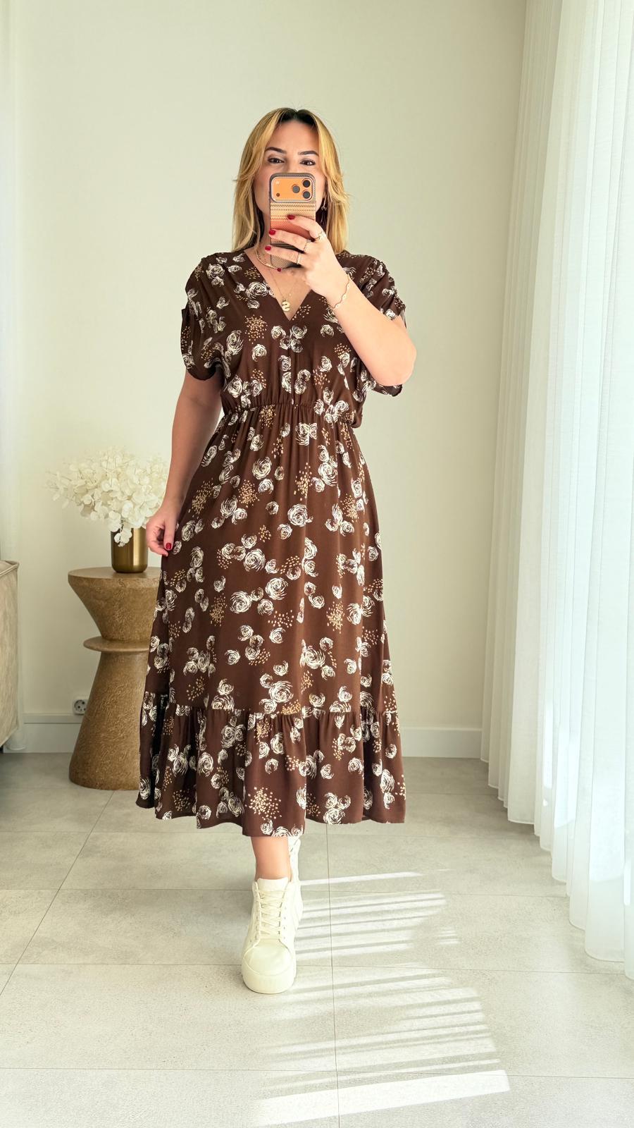 8921 Kahve Gül Desen v Yaka Bel Lastikli Elbise