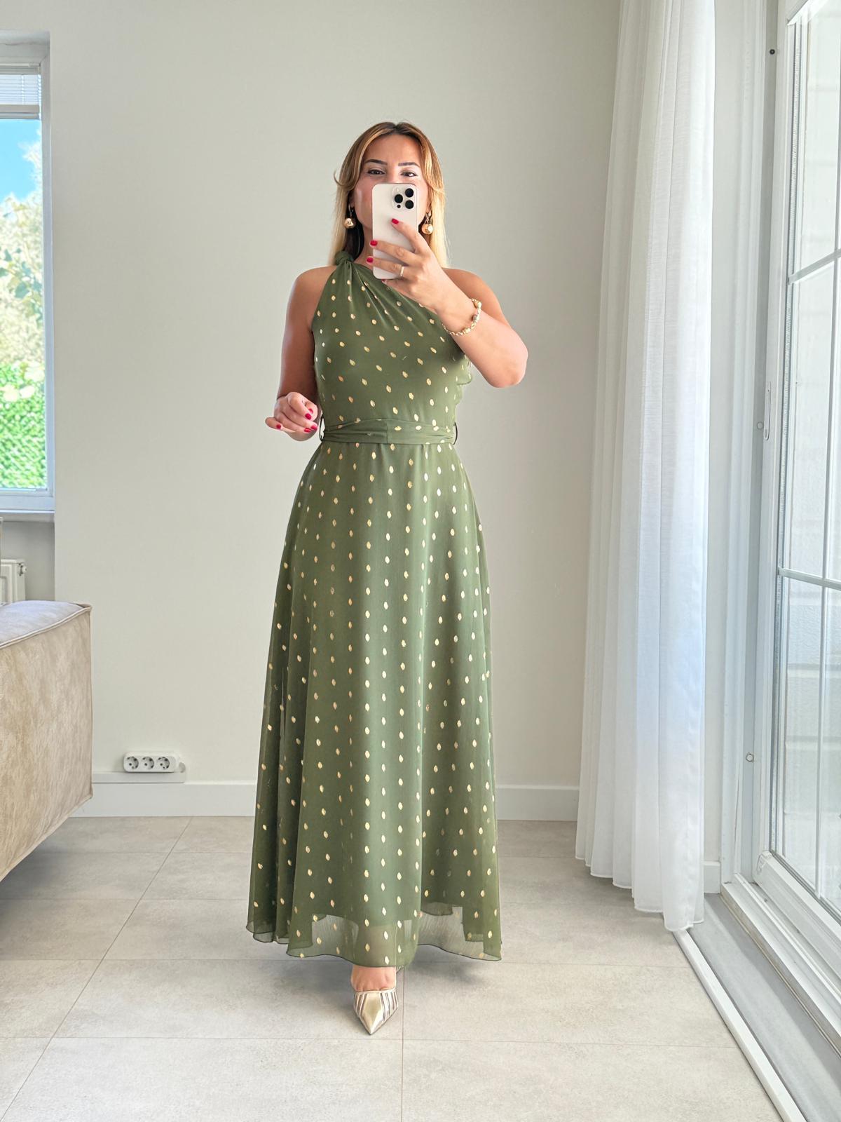 8444 Haki Tek Omuz Dore Elbise