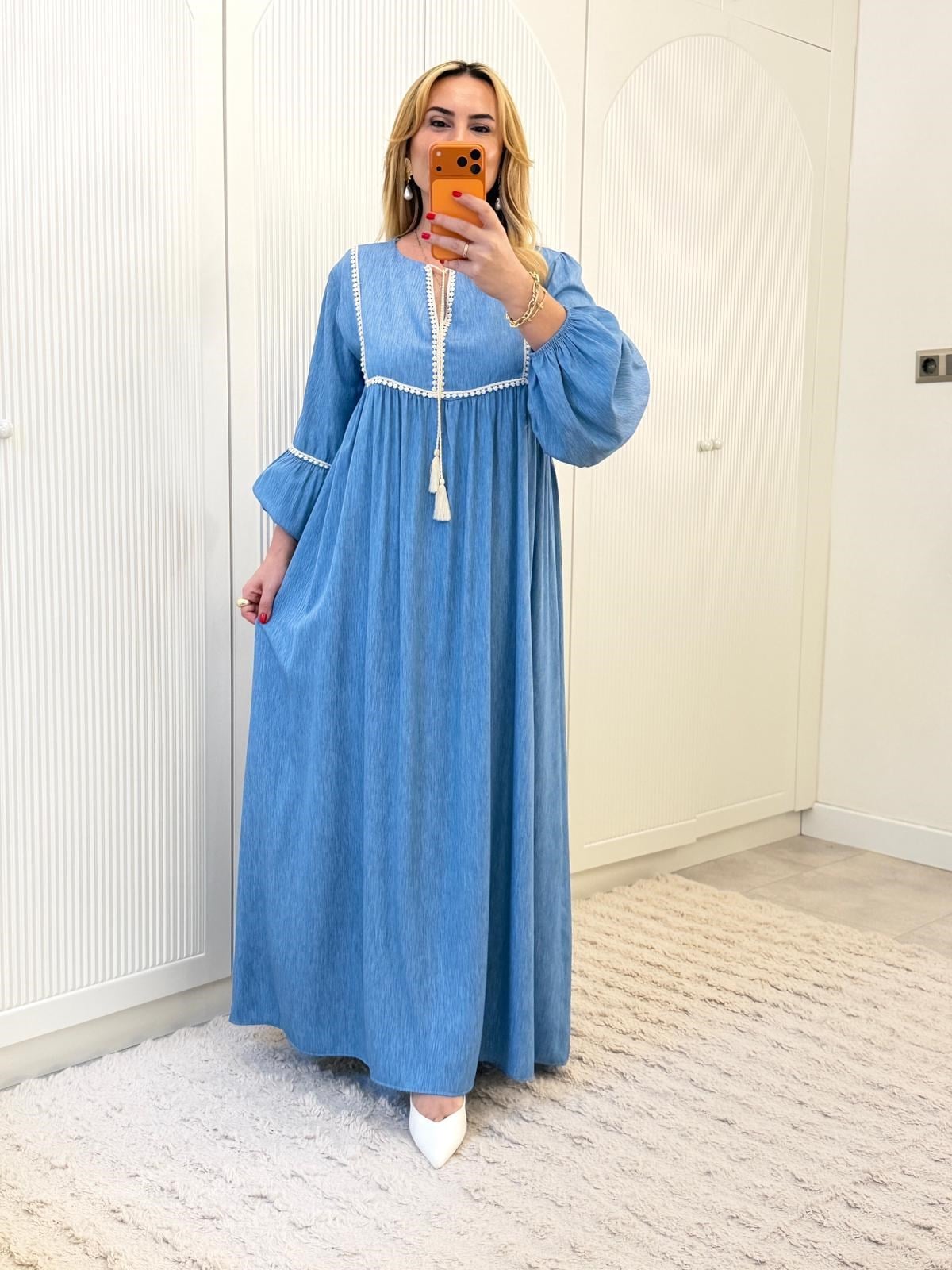 9275 Mavi Püsküllü Tensel Elbise