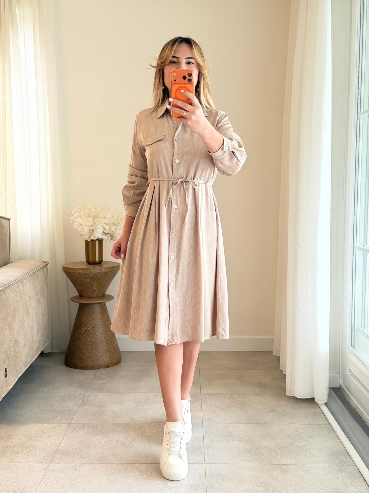 8976 Bej Tensel Gömlek Elbise