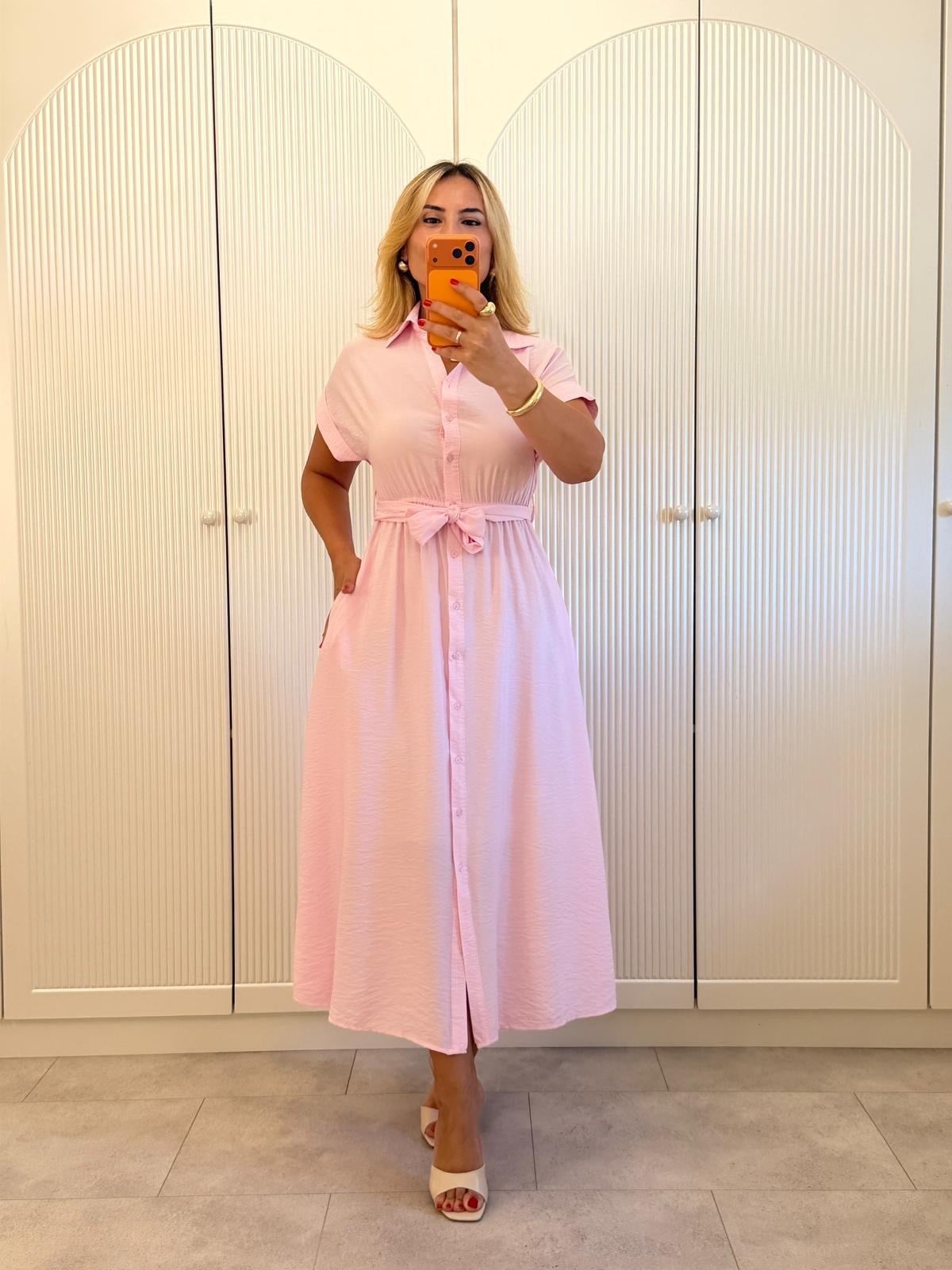 9484 Pembe Kuşaklı Gömlek Elbise