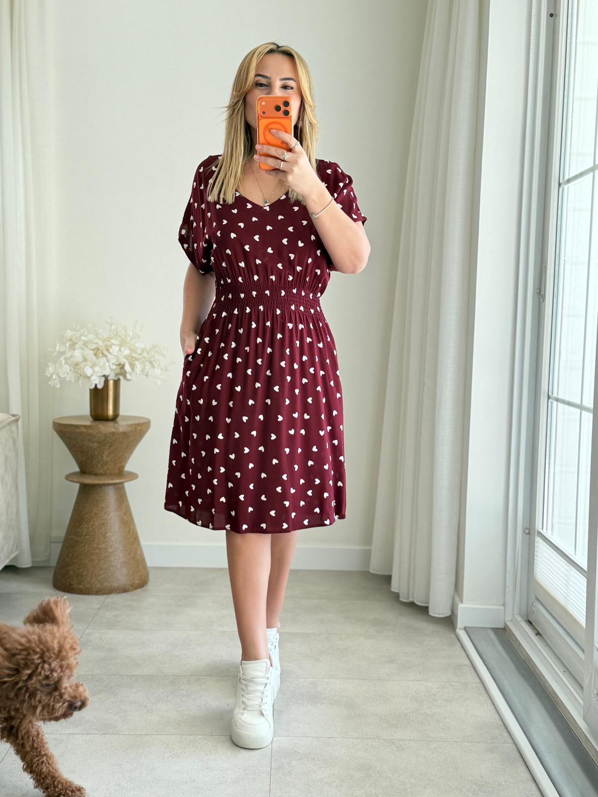 9036 Bordo Yarasa Kol Kalp Desen Elbise