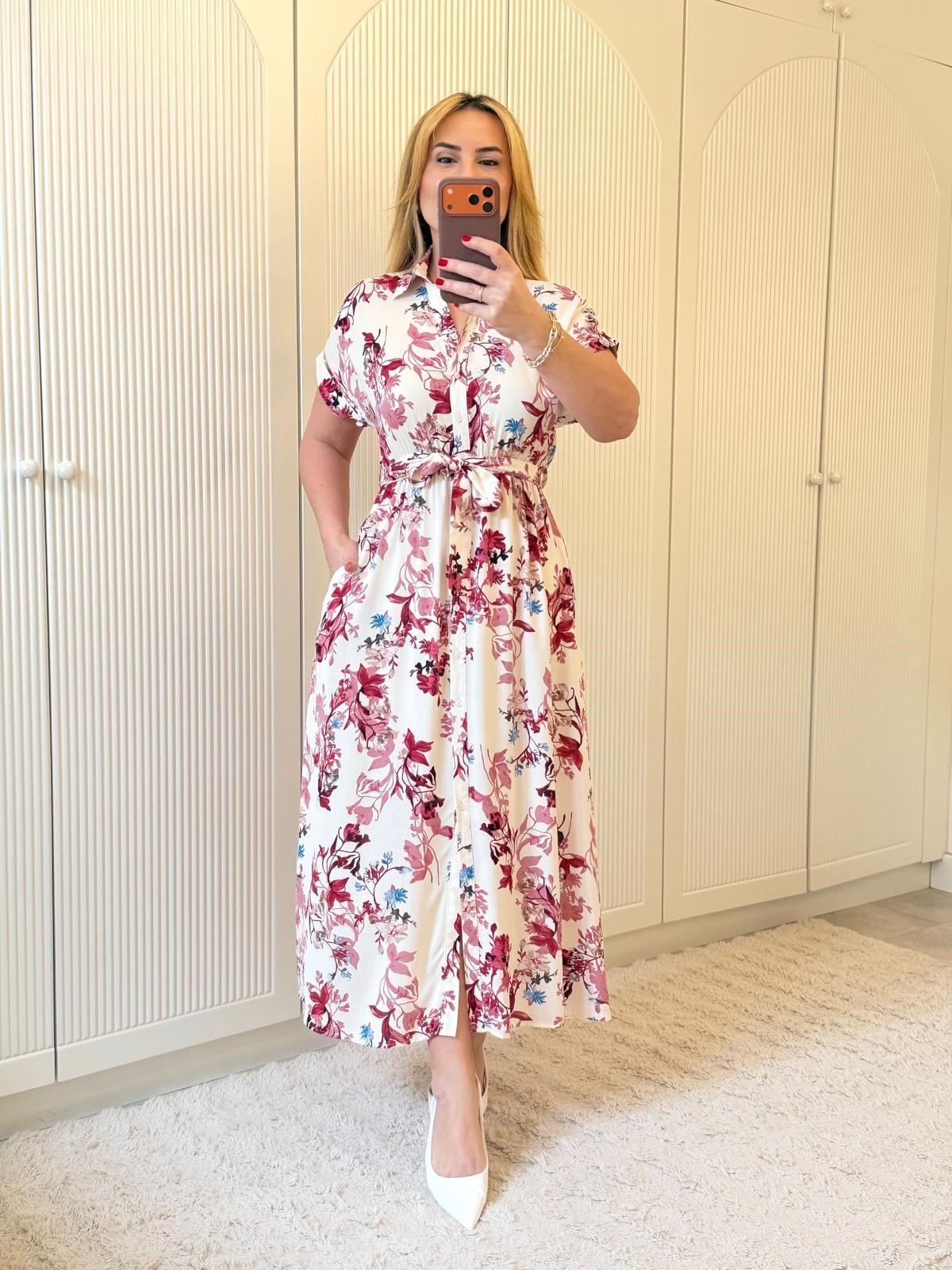 9278 Kısa Kollu Bordo Desen Elbise