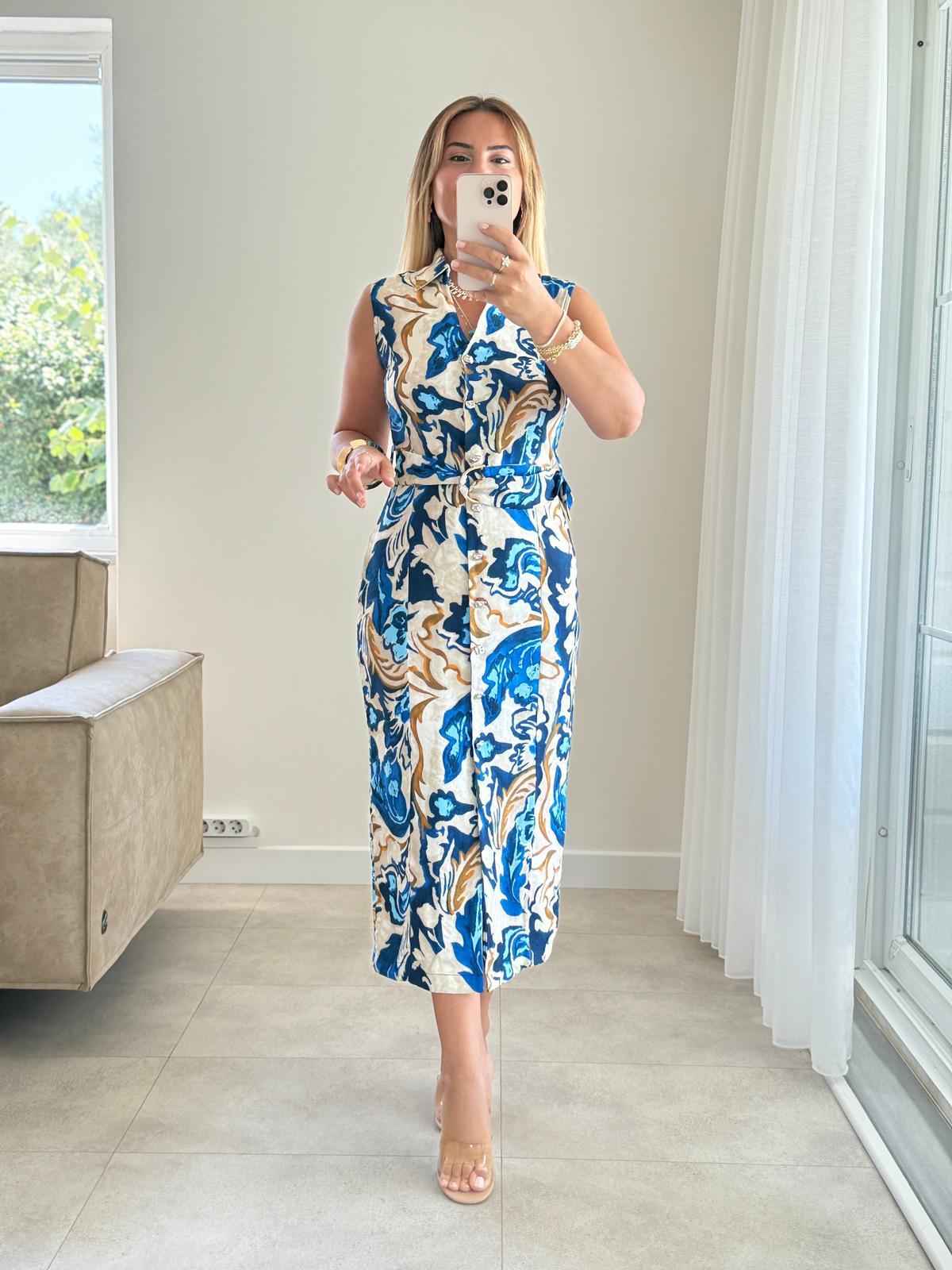 8272 Sax Bej Düğmeli Gömlek Elbise