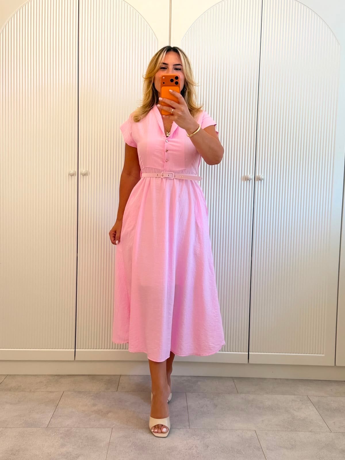 9576 Pembe Hakim Yaka Kemerli Elbise