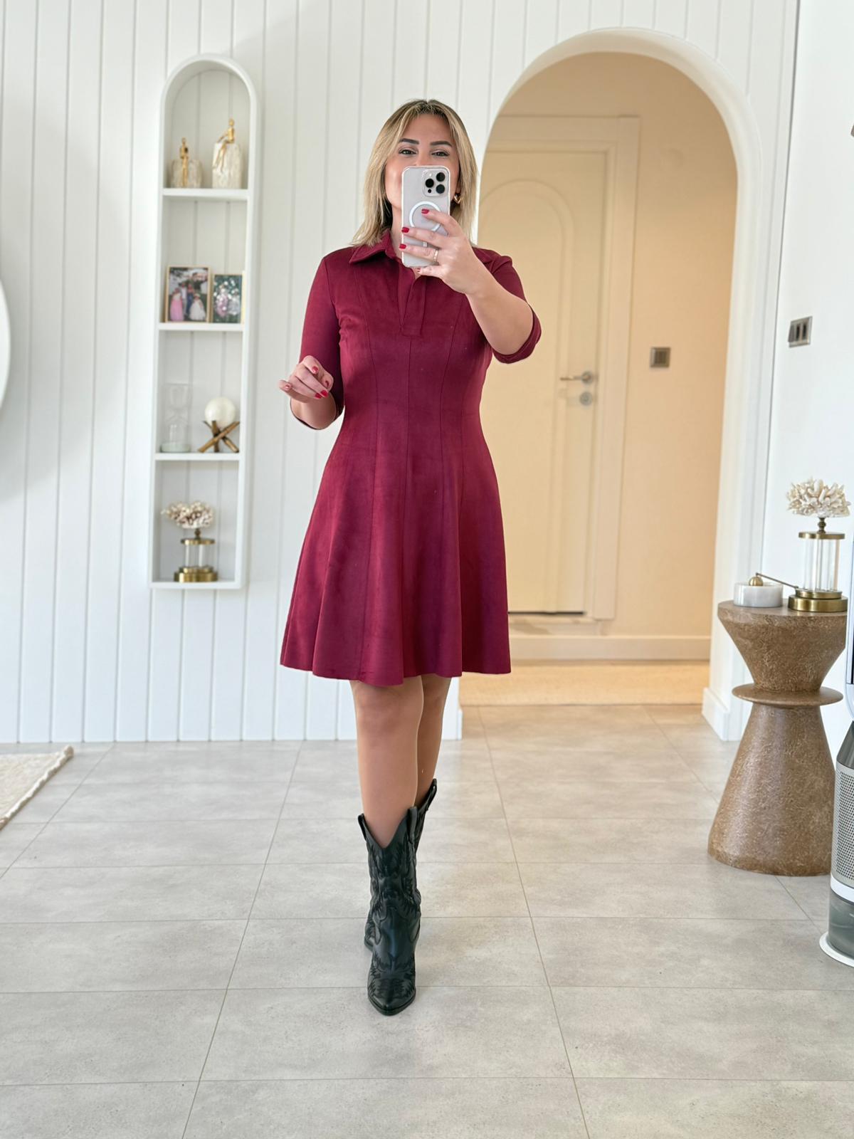 7253 Bordo Yarım Kol Nubuk Elbise