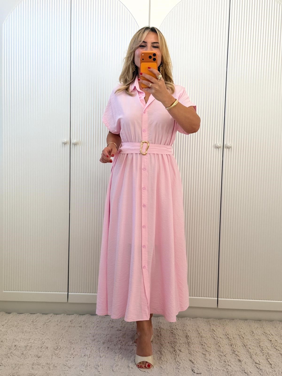 9439 Pembe Gold Toka Detay Gömlek Elbise