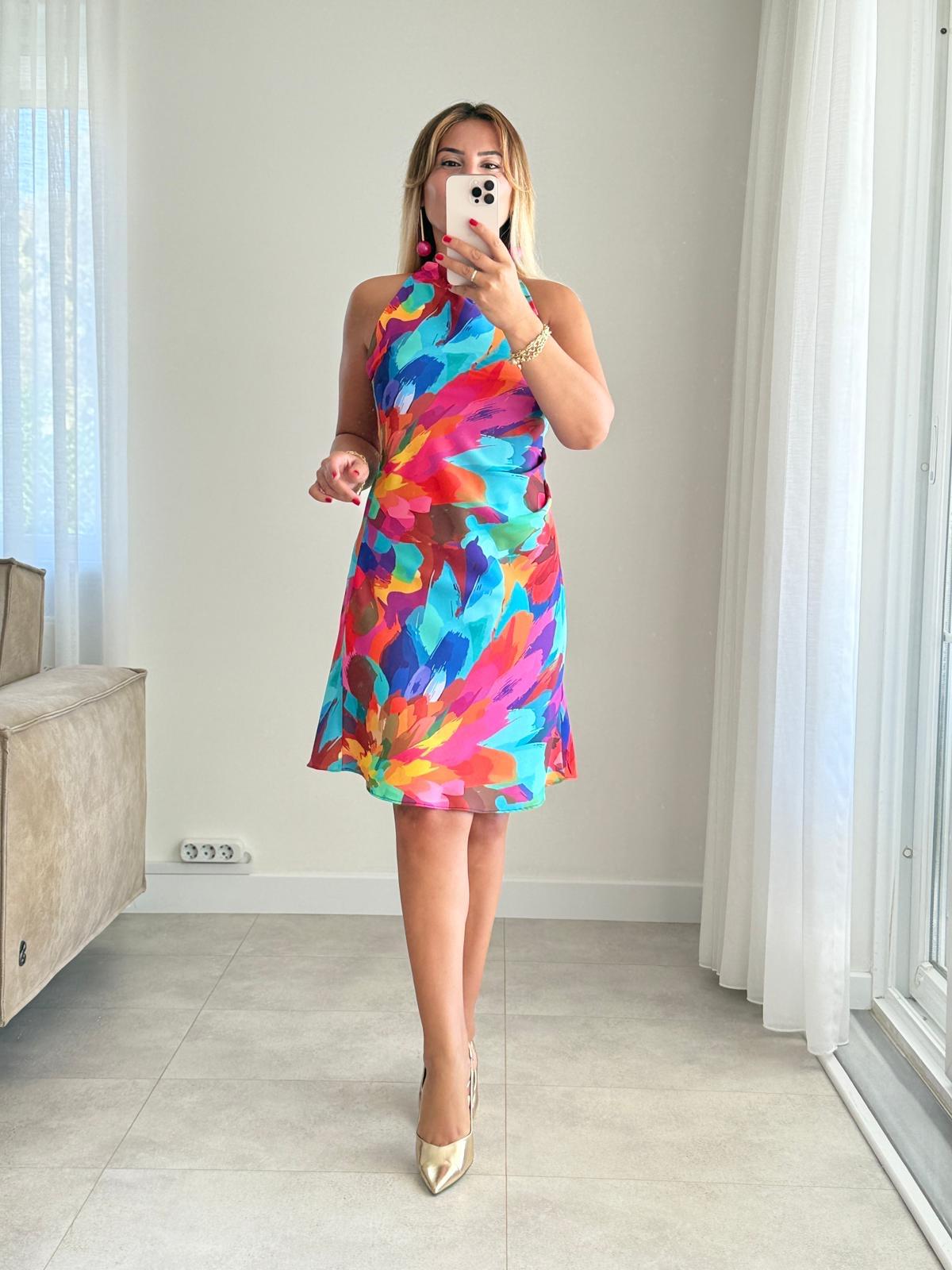 8433 Gökkuşağı Degaje Yaka Elbise