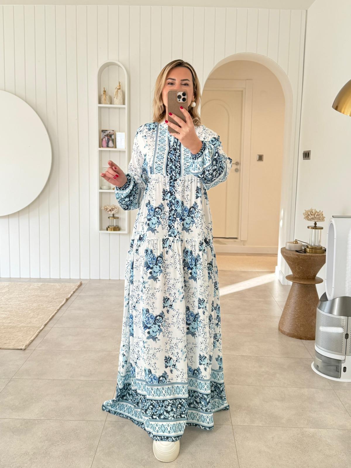 7289 Desenli Uzun Kollu Elbise