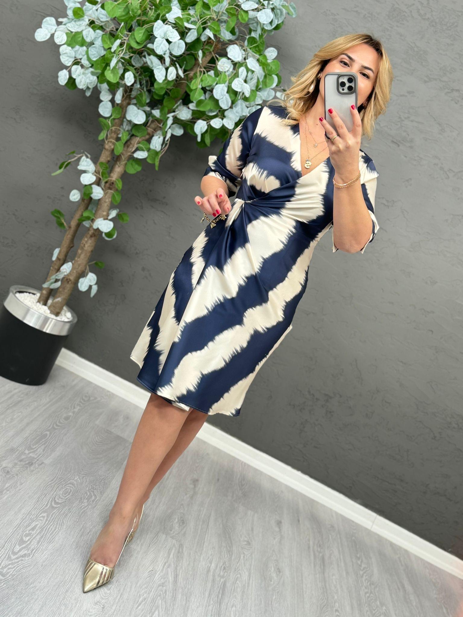 5693 İndigo Saten Yarım Kol Elbise