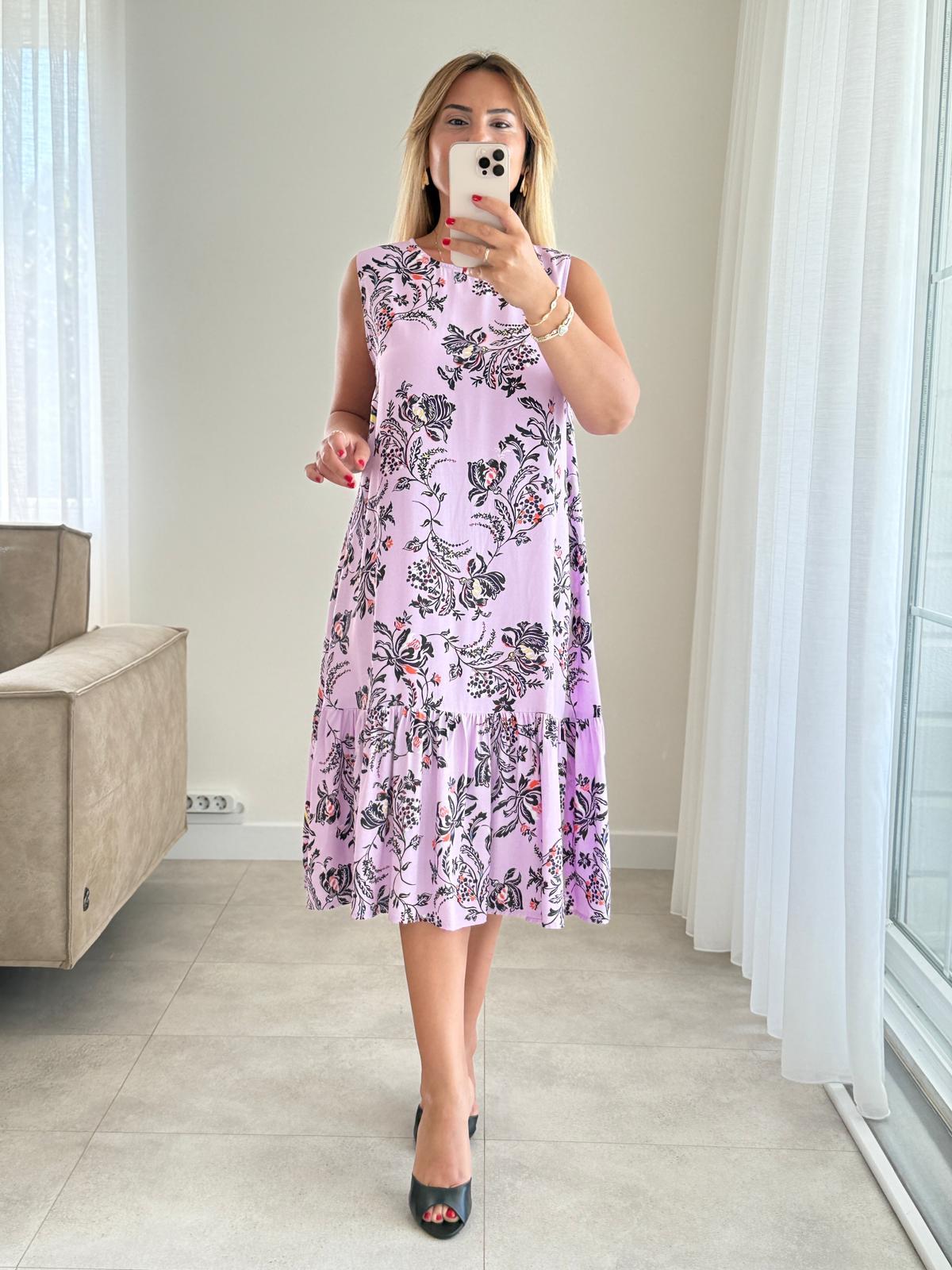 8256 Lila Siyah Kolsuz Elbise