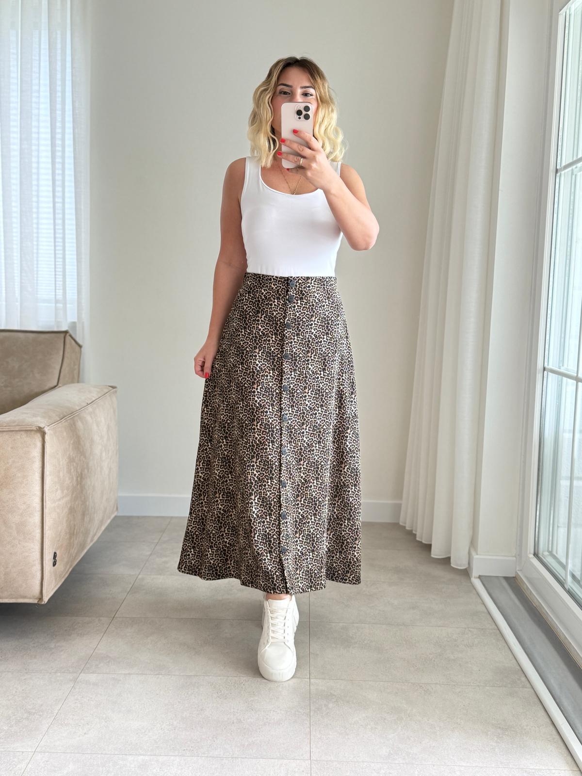 7817 Düğmeli Leopar Etek