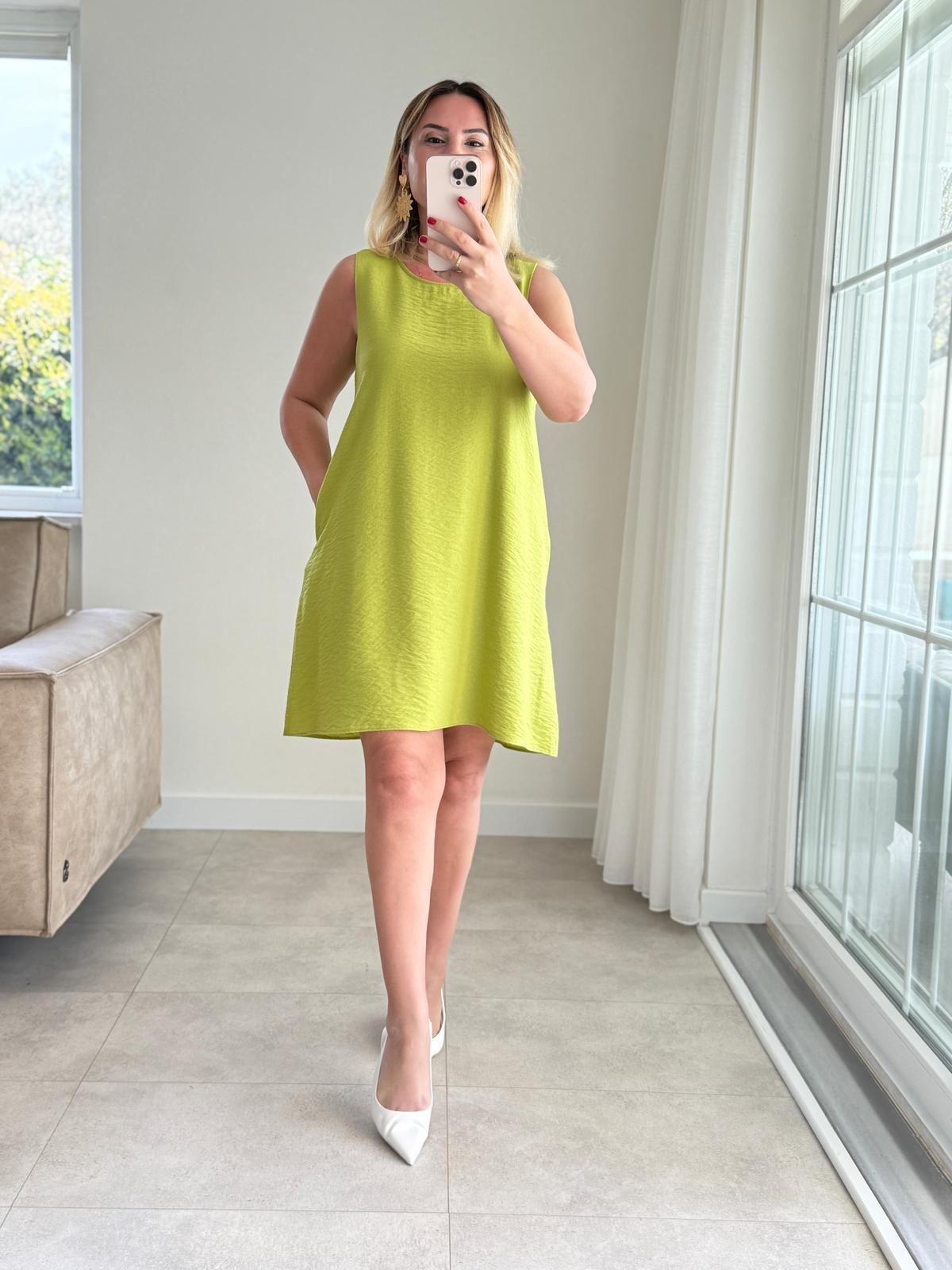 7778 Fıstık Yeşili Kolsuz Mini Elbise