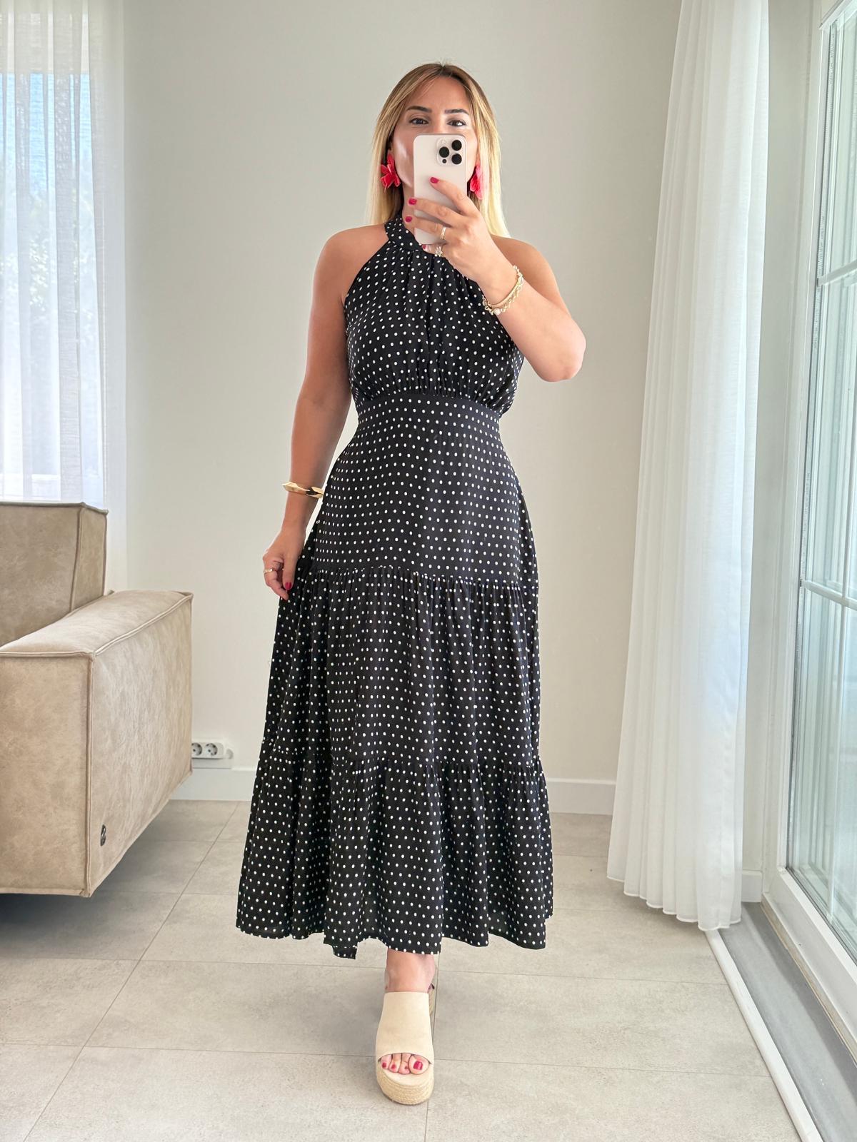 8166 Halter Yaka Puantiye Elbise